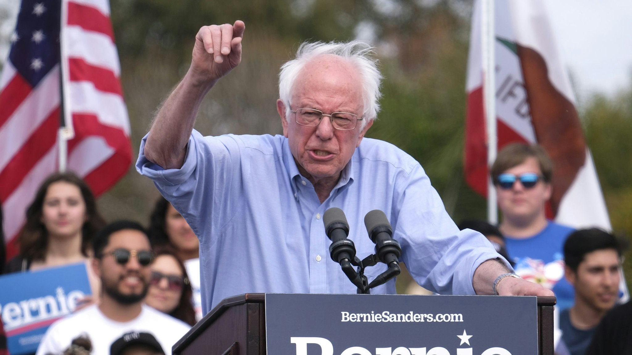 Democratic presidential hopeful Vermont Senator Bernie Sanders gestures as he speaks during a rally at Valley High School in Santa Ana, California, February 21, 2020.
