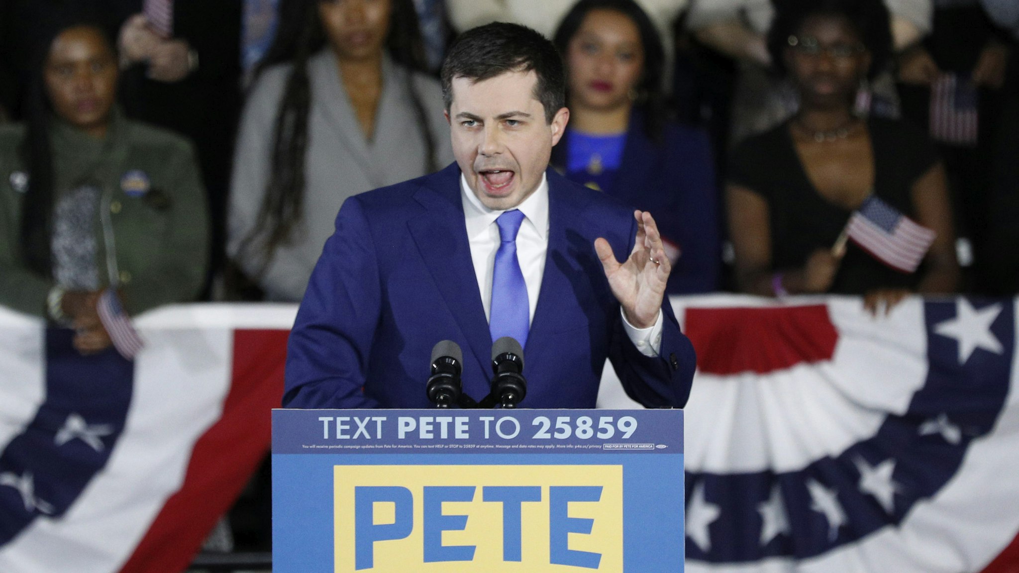 DES MOINES, IOWA - FEBRUARY 03: Democratic presidential candidate former South Bend, Indiana Mayor Pete Buttigieg addresses supporters during his caucus night watch party on February 03, 2020 in Des Moines, Iowa. Iowa is the first contest in the 2020 presidential nominating process with the candidates then moving on to New Hampshire.