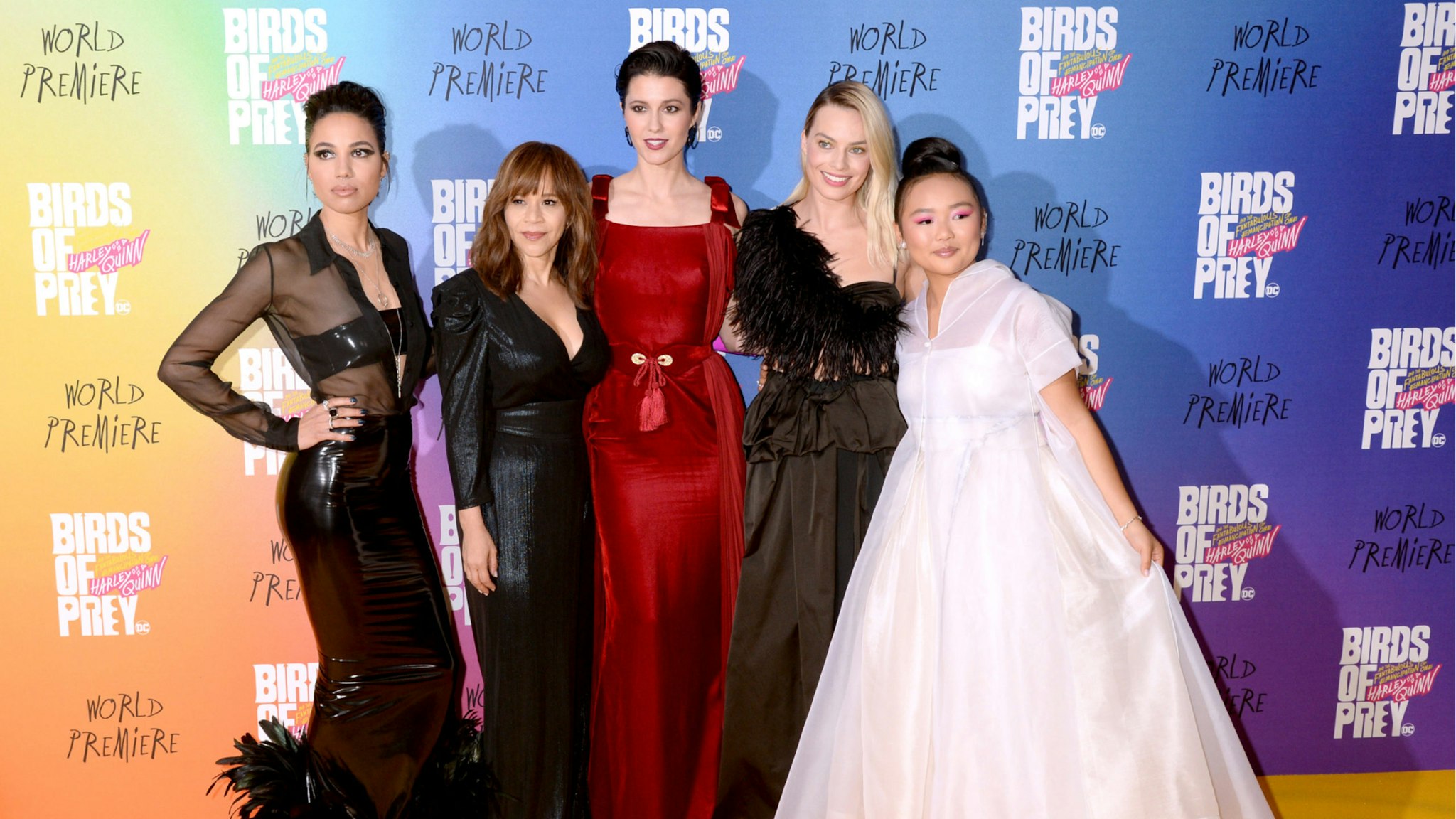 Jurnee Smollett-Bell, Rosie Perez, Mary Elizabeth Winstead, Margot Robbie and Ella Jay Brasco attend the "Birds of Prey: And the Fantabulous Emancipation Of One Harley Quinn" World Premiere at the BFI IMAX on January 29, 2020 in London, England.