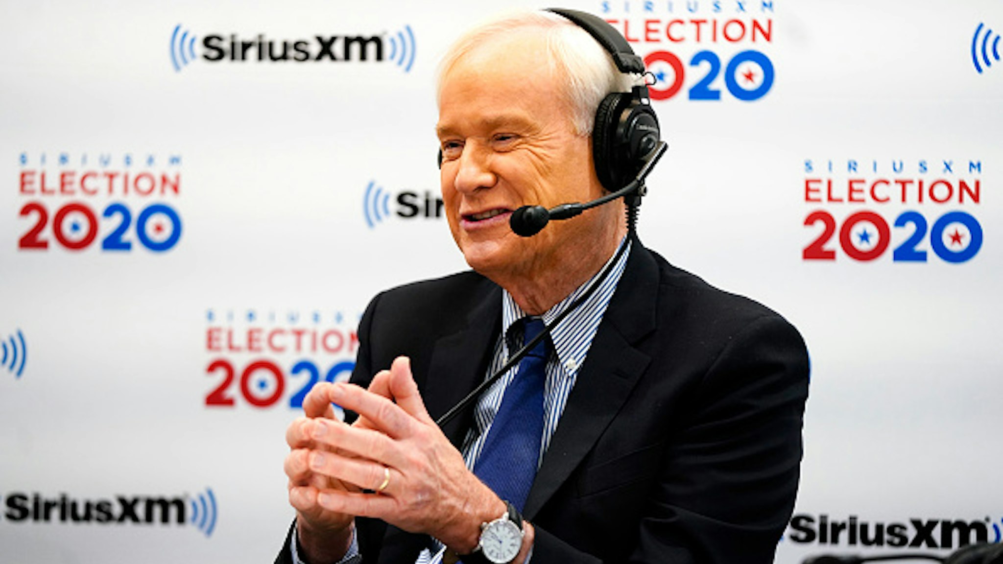 MANCHESTER, NEW HAMPSHIRE - FEBRUARY 11: Chris Matthews of MSNBC reacts while talking with Sirius XM Press Pool host Julie Mason about the 2020 New Hampshire Democratic Primary in the Coolidge Room at the DoubleTree by Hilton on February 11, 2020 in Manchester, New Hampshire.