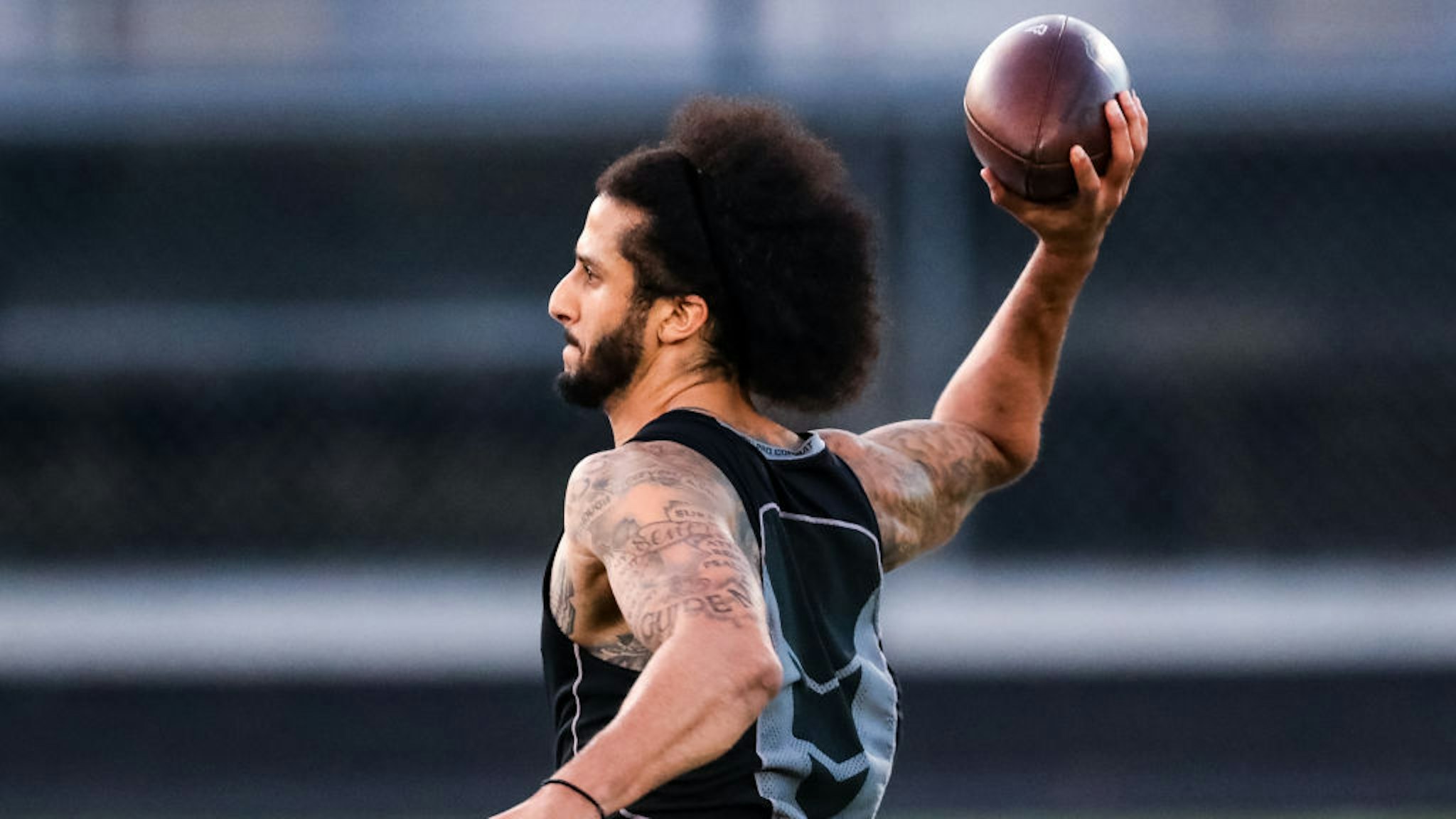 Colin Kaepernick looks to pass during his NFL workout held at Charles R Drew high school on November 16, 2019 in Riverdale, Georgia. (Photo by Carmen Mandato/Getty Images)