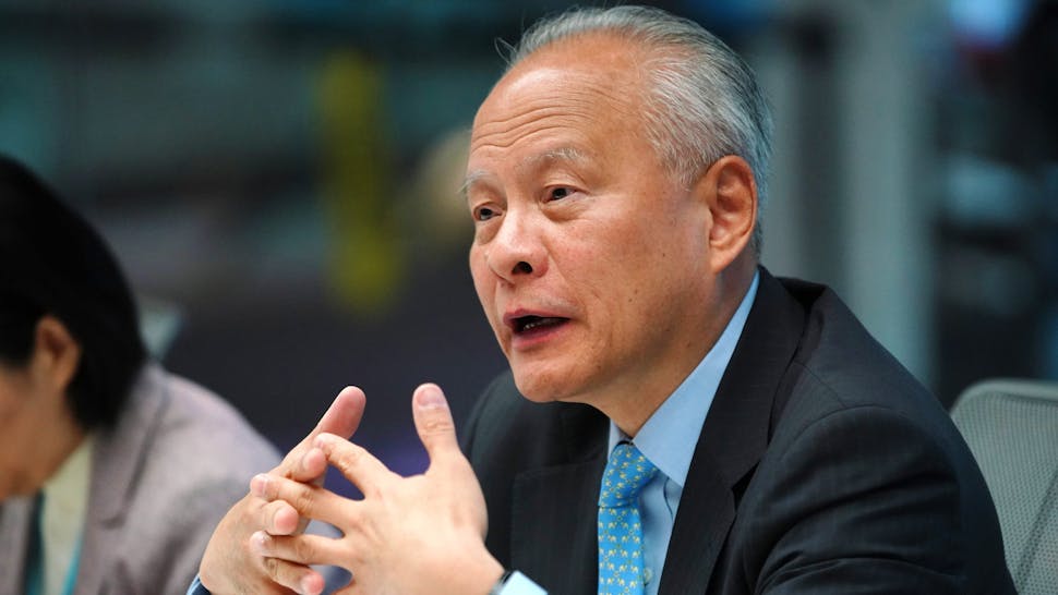 China’s Ambassador To U.S. Cui Tiankai Interview Cui Tiankai, China's ambassador to the U.S., speaks during an interview in New York, U.S., on Friday, May 24, 2019. Tiankai discussed U.S. President Donald Trump's blacklisting of Huawei Technologies Inc. and the breakdown of U.S.-China trade talks.