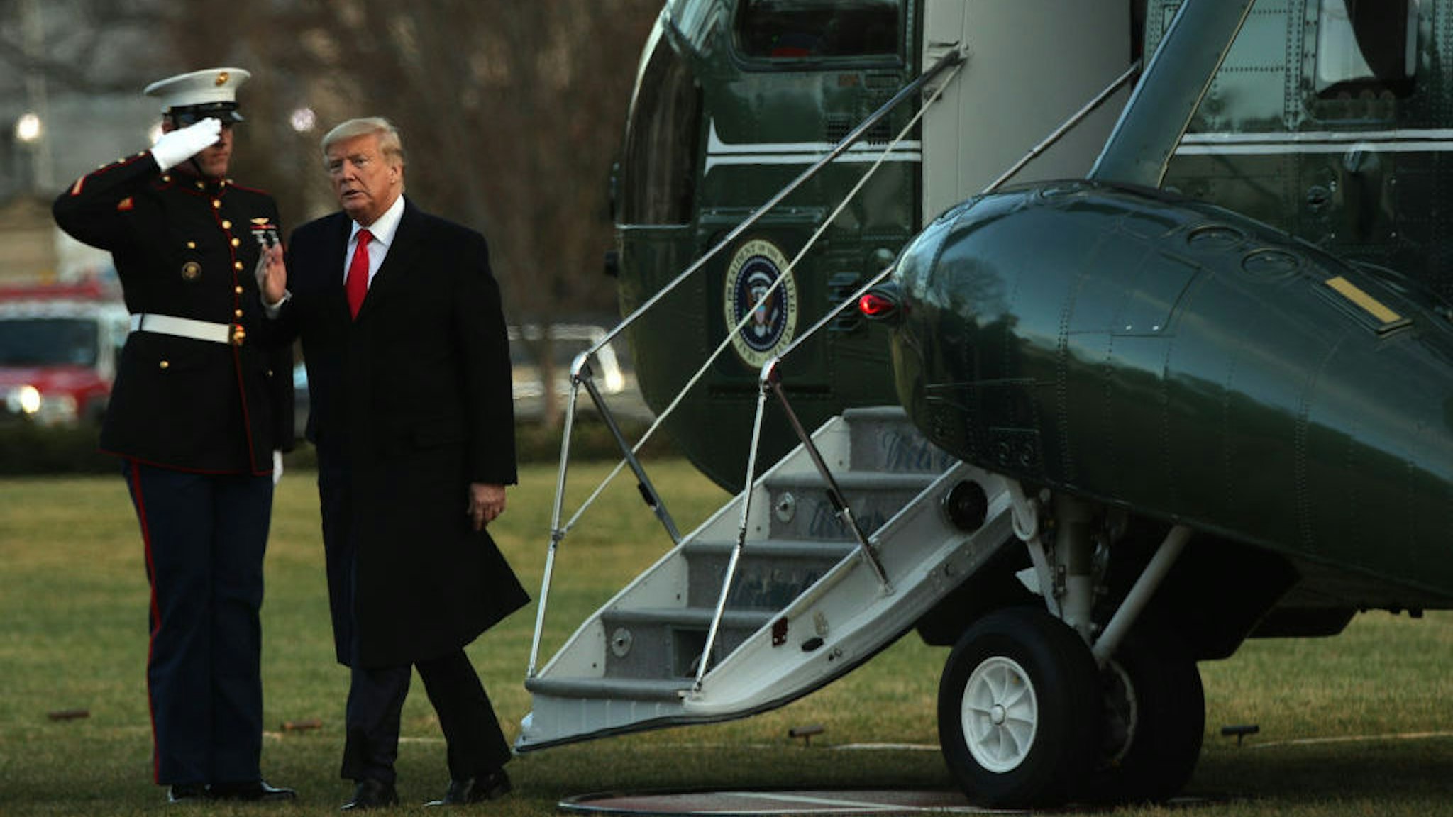 U.S. President Donald Trump gets off from the Marine One after he landed at the South Lawn of the White House February 7, 2020 in Washington, DC. President Trump has returned from speaking at a ‚ÄúNorth Carolina Opportunity Now‚Äù summit in Charlotte, North Carolina. (Photo by Alex Wong/Getty Images)
