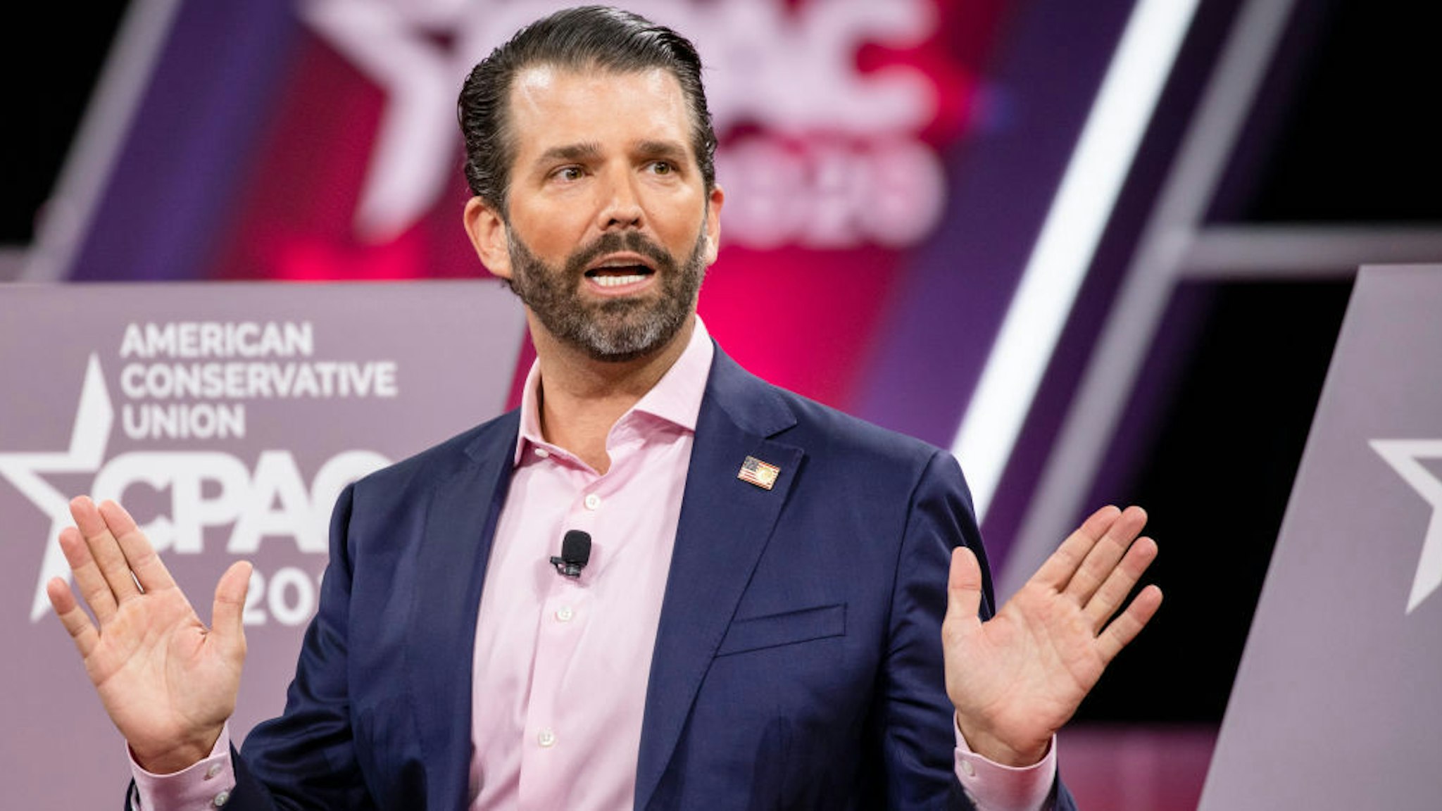Donald Trump Jr., son of President Donald Trump, speaks on stage during the Conservative Political Action Conference 2020 (CPAC) hosted by the American Conservative Union on February 28, 2020 in National Harbor, MD. (Photo by Samuel Corum/Getty Images)