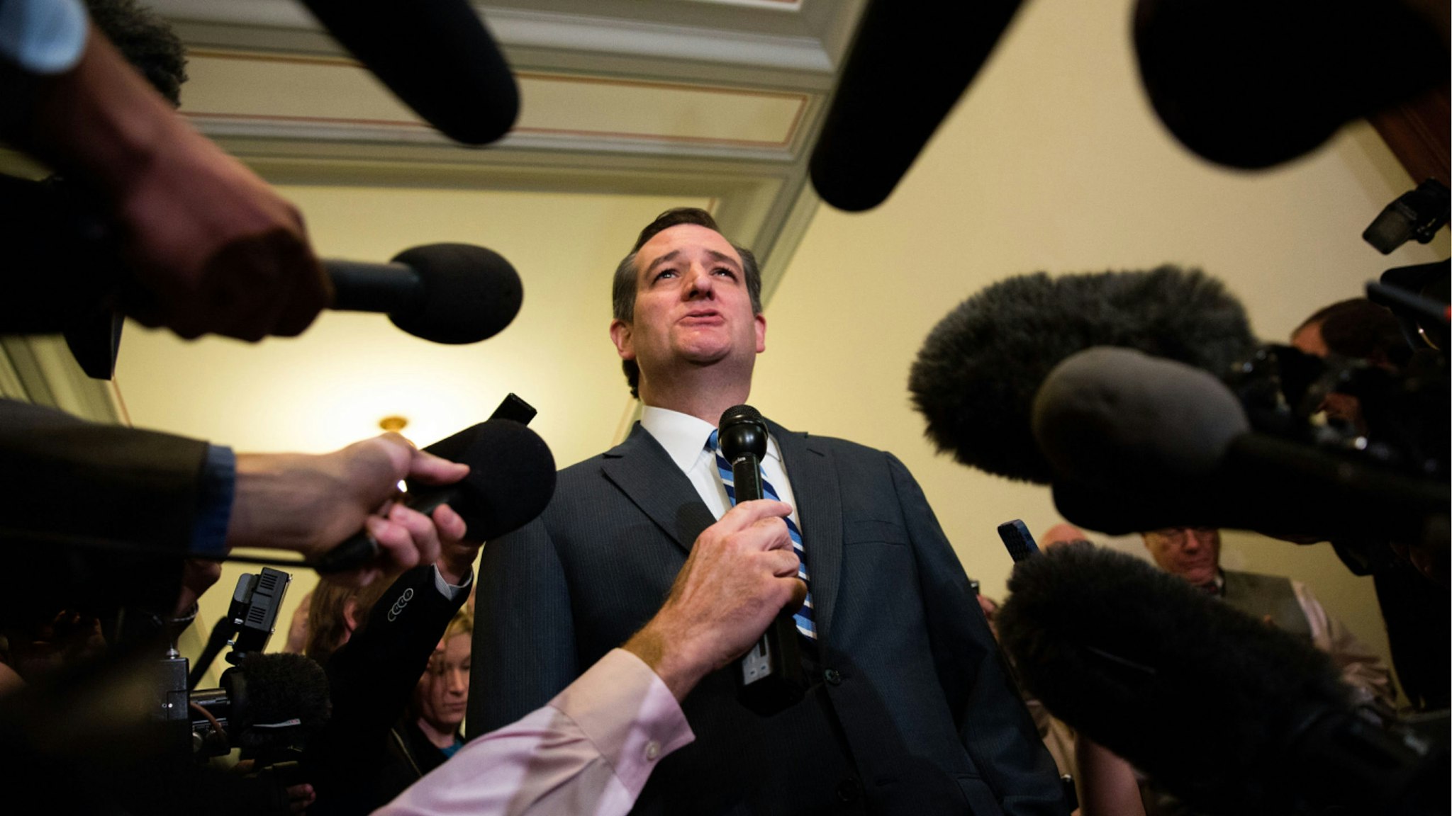 Sen. Ted Cruz (R-TX) is speaks to the media as he returns to his office at the U.S. Capitol, May 10, 2016, in Washington, DC.
