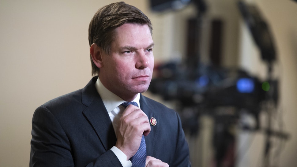 UNITED STATES - JANUARY 10: Rep. Eric Swalwell, D-Calif., prepares for a television interview in the Capitol on Friday, January 10, 2020.