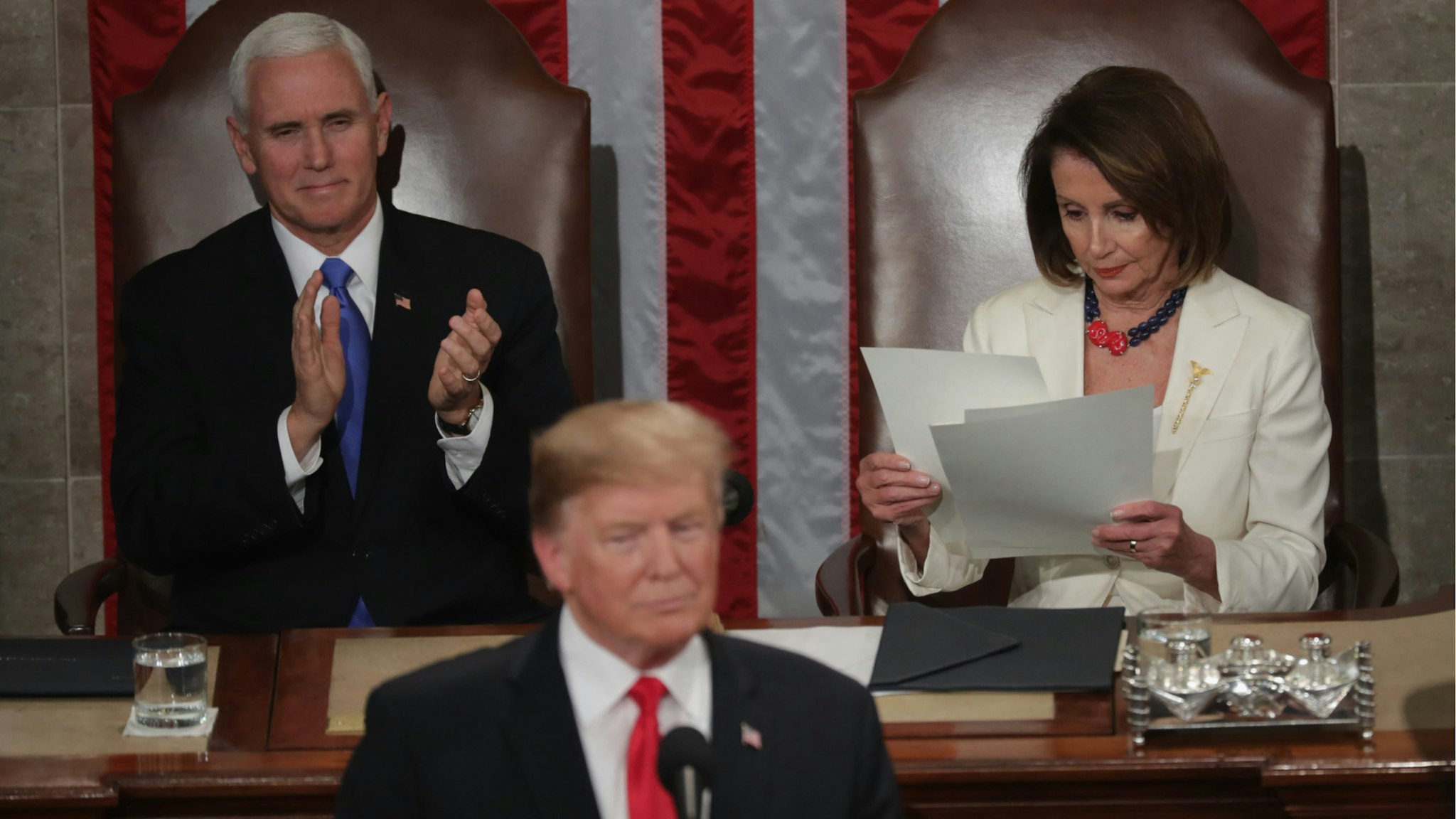 President Donald Trump, with Speaker Nancy Pelosi and Vice President Mike Pence looking on, delivers the State of the Union address in the chamber of the U.S. House of Representatives at the U.S. Capitol Building on February 5, 2019 in Washington, DC.