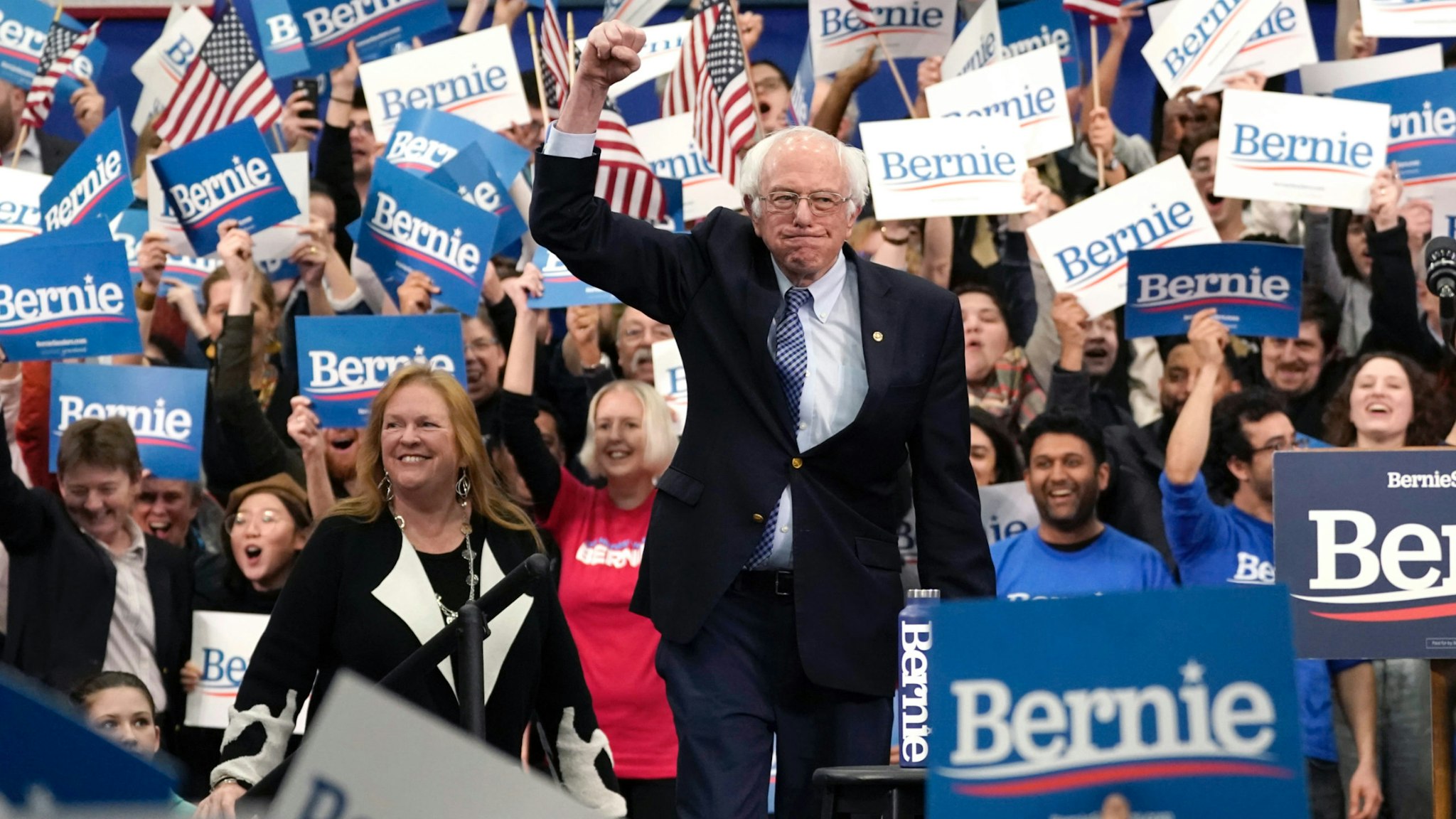 Democratic presidential candidate Sen. Bernie Sanders (I-VT) takes the stage during a primary night event on February 11, 2020 in Manchester, New Hampshire.