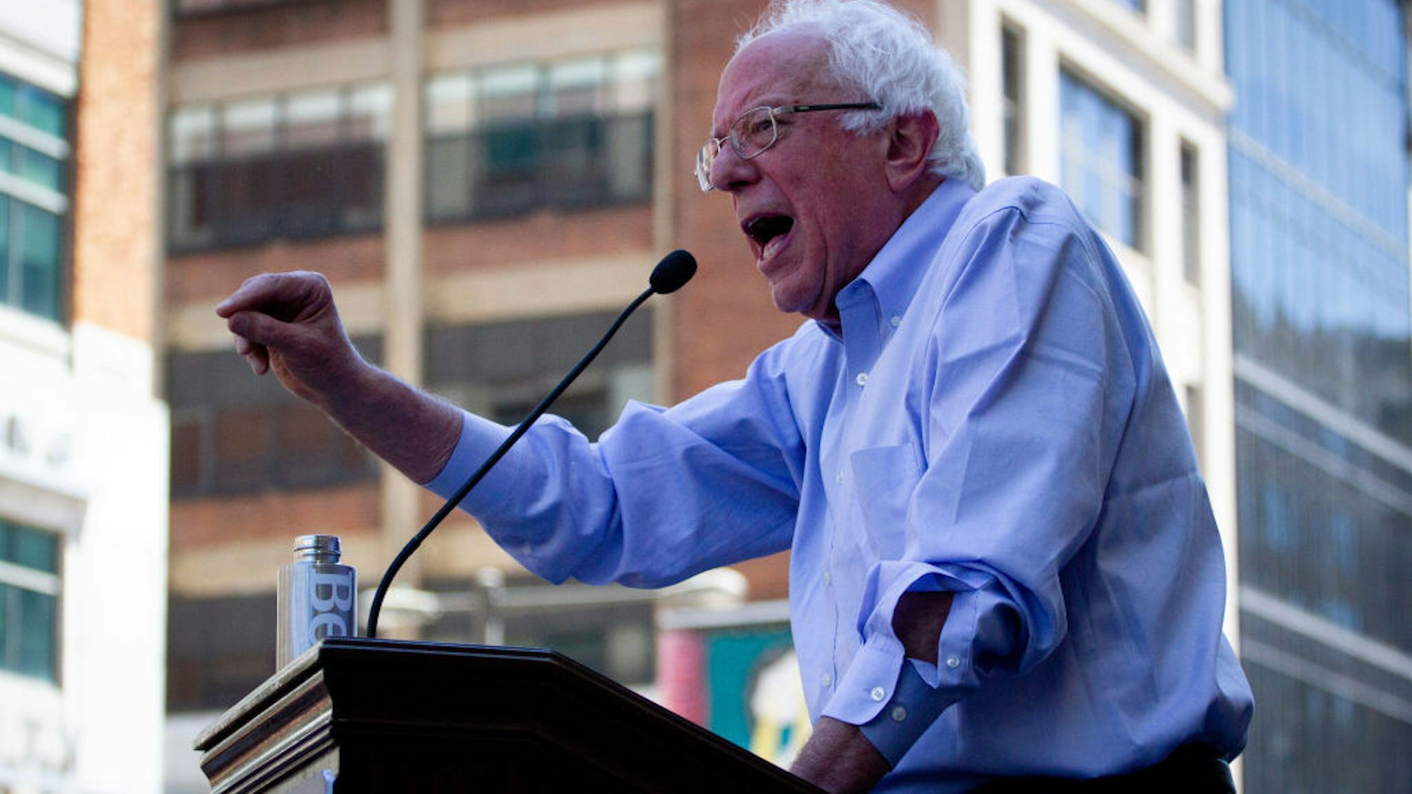 Senator Bernie Sanders addresses the crowd at a rally gathered to protest the closure of Hahnemann University Hospital in Philadelphia, PA, July 15, 2019.