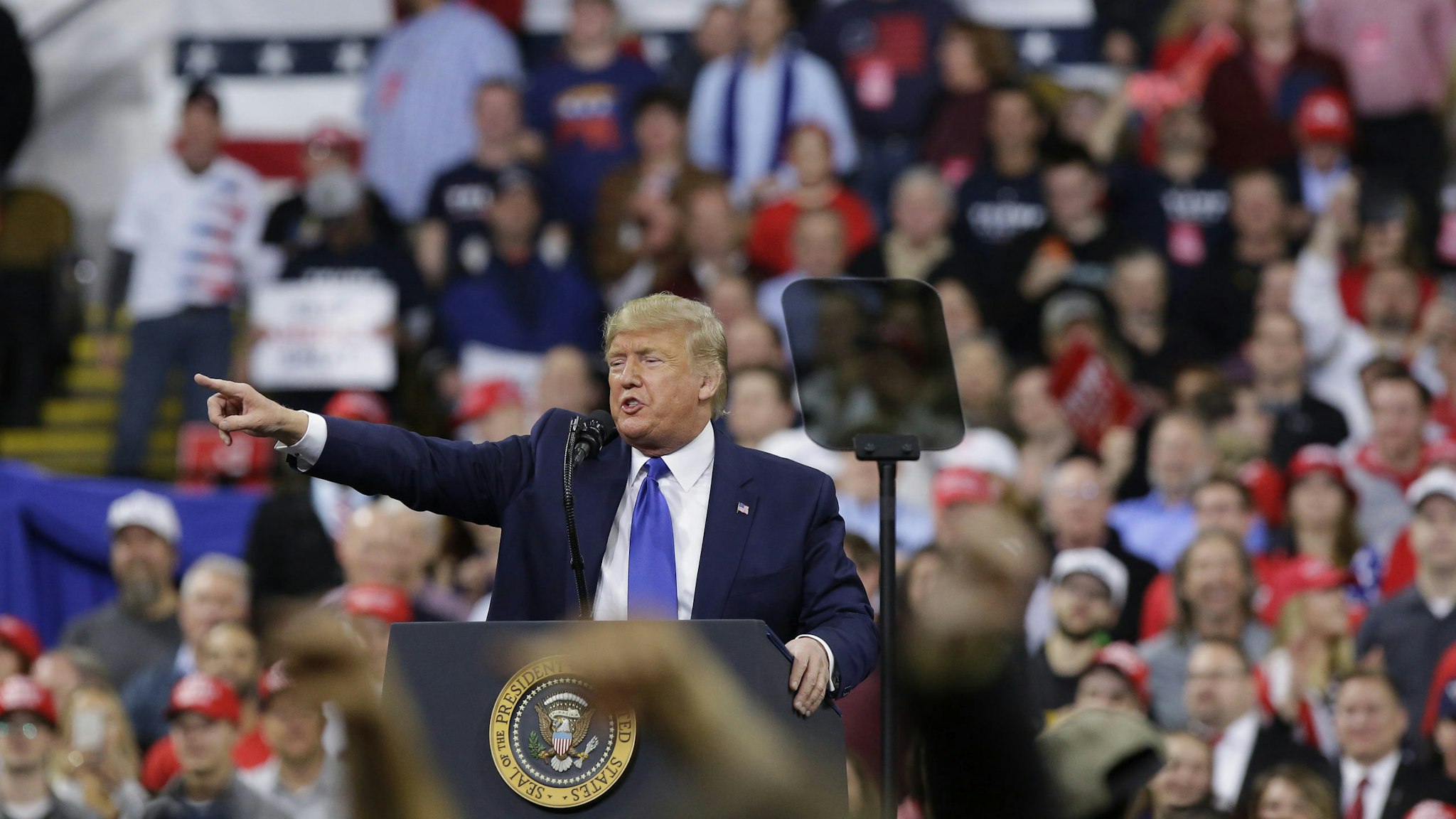 MILWAUKEE, WI - JANUARY 14: U.S. President Donald Trump speaks during a rally on January 14, 2020 at UWMilwaukee Panther Arena in Milwaukee, Wisconsin. Trump, who is the third president to face impeached, now faces an impending trial in the Senate. (Photo by Joshua Lott/Getty Images)