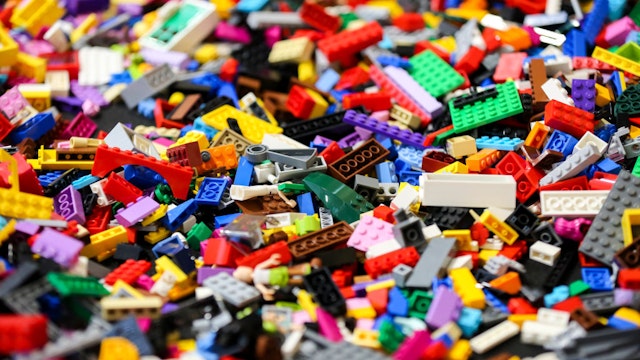 Pieces of lego displayed during the exhibition at Alexandra Palace in north London.