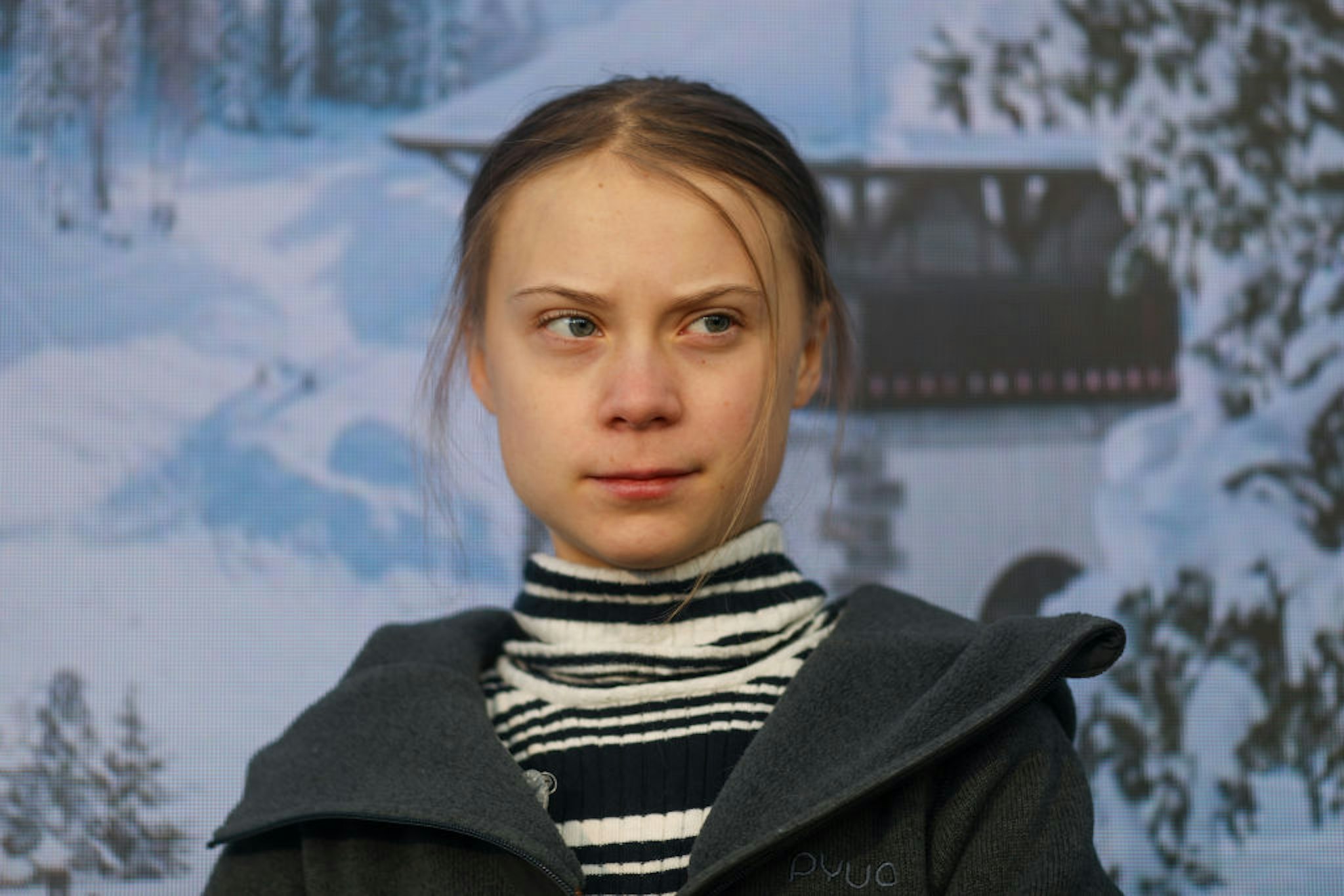 Greta Thunberg, climate activist, reacts during a news conference on the closing day of the World Economic Forum (WEF) in Davos, Switzerland, on Friday, Jan. 24, 2020.