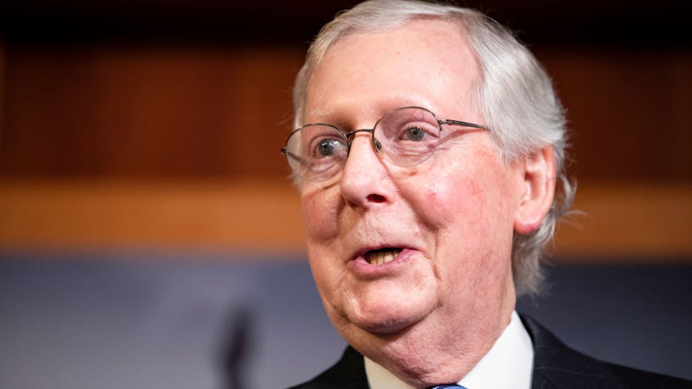 Senate Majority Leader Mitch McConnell (R-KY) holds a news conference after the Senate voted to acquit President Donald Trump on the two articles of impeachment brought by the House of Representatives to the Senate for trial on Capitol Hill on February 5, 2020 in Washington, DC.