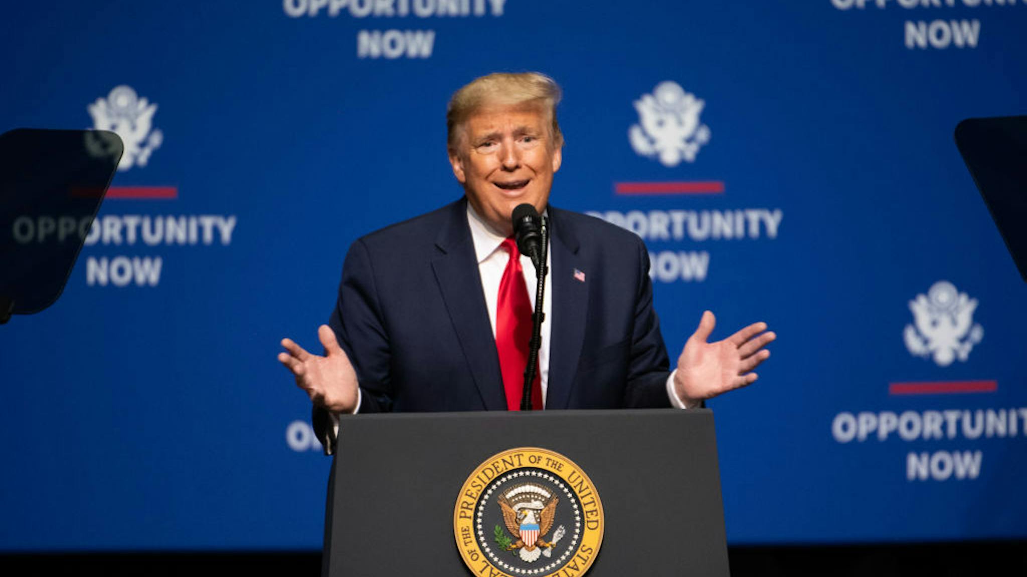 President Trump President Donald Trump addresses the crowd during the Opportunity Now summit at Central Piedmont Community College on February 7, 2020 in Charlotte, North Carolina.