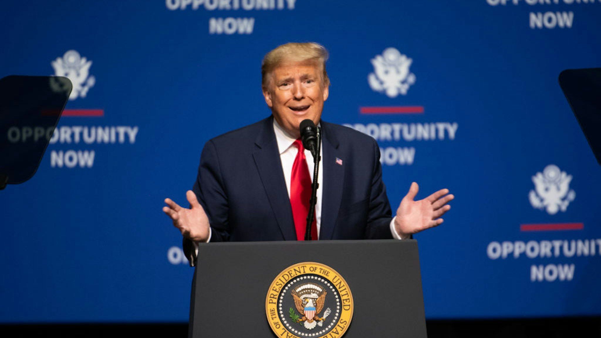 President Donald Trump addresses the crowd during the Opportunity Now summit at Central Piedmont Community College on February 7, 2020 in Charlotte, North Carolina.