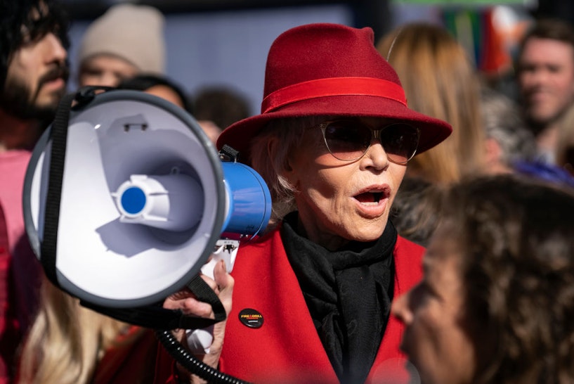 Actress and activist Jane Fonda speaks during a Fire Drill Friday's climate change rally outside the Los Angeles City Hall.