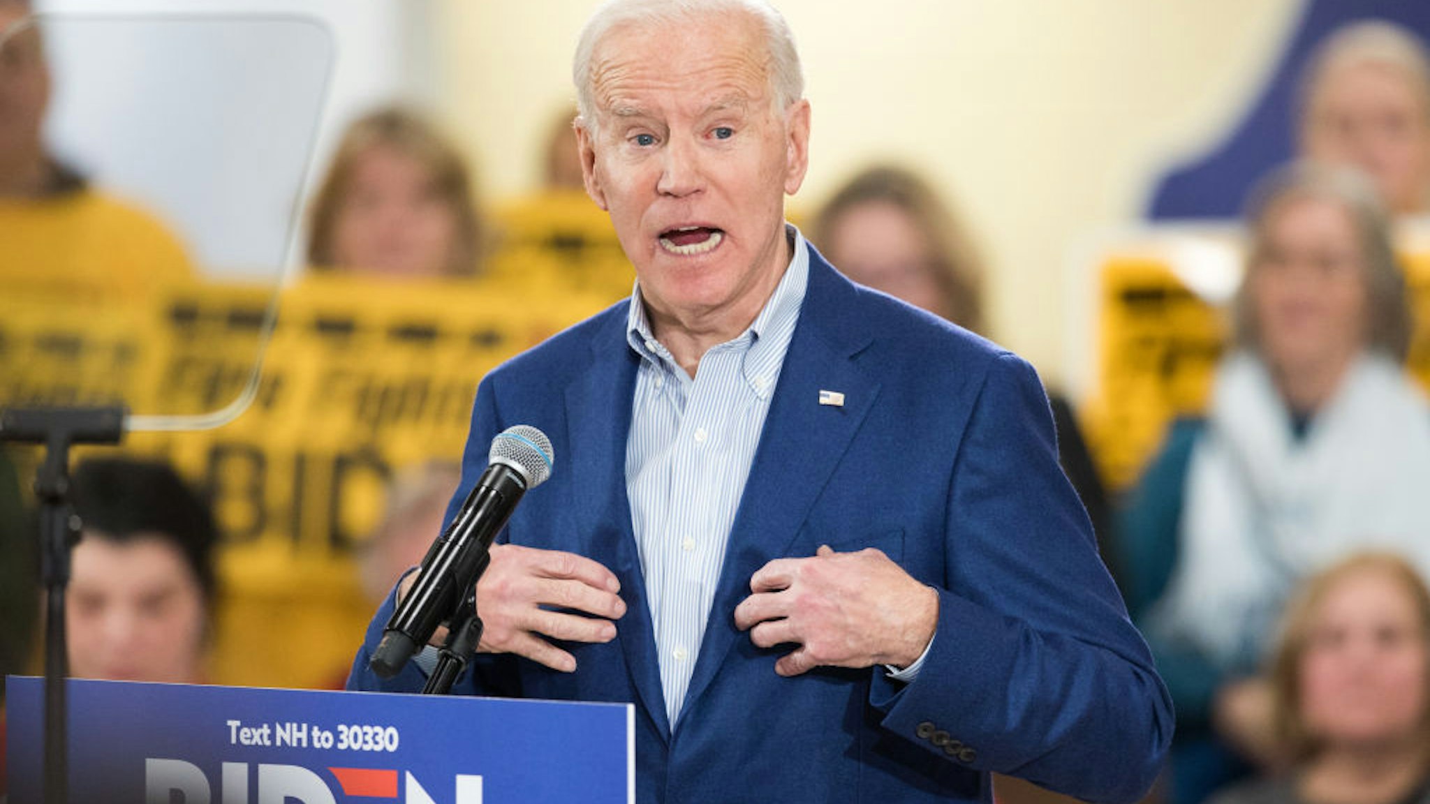 Democratic presidential candidate former Vice President Joe Biden speaks during a campaign event on February 10, 2020 in Manchester, New Hampshire.