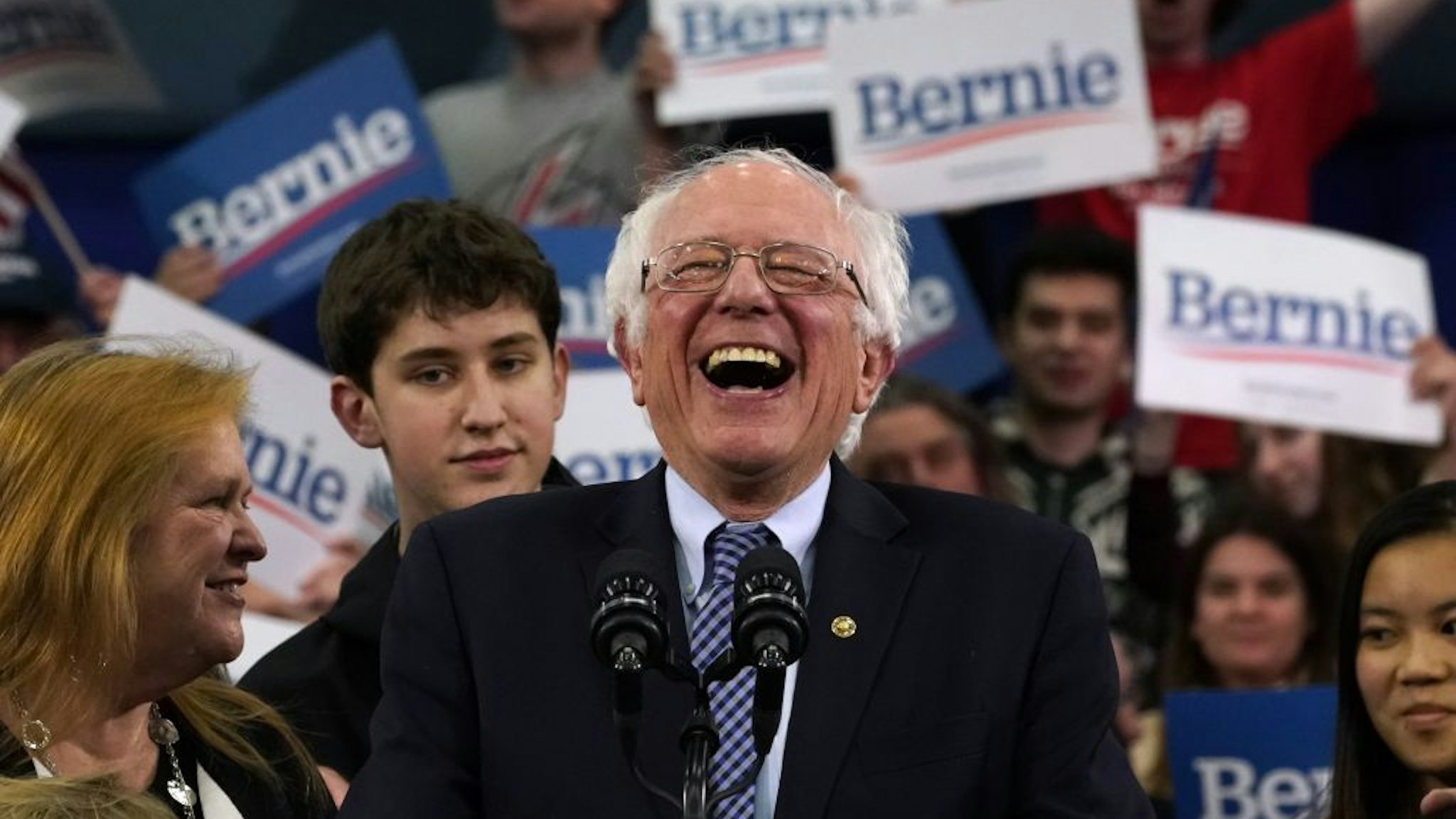 Democratic presidential hopeful Vermont Senator Bernie Sanders speaks at a Primary Night event at the SNHU Field House in Manchester, New Hampshire on February 11, 2020.