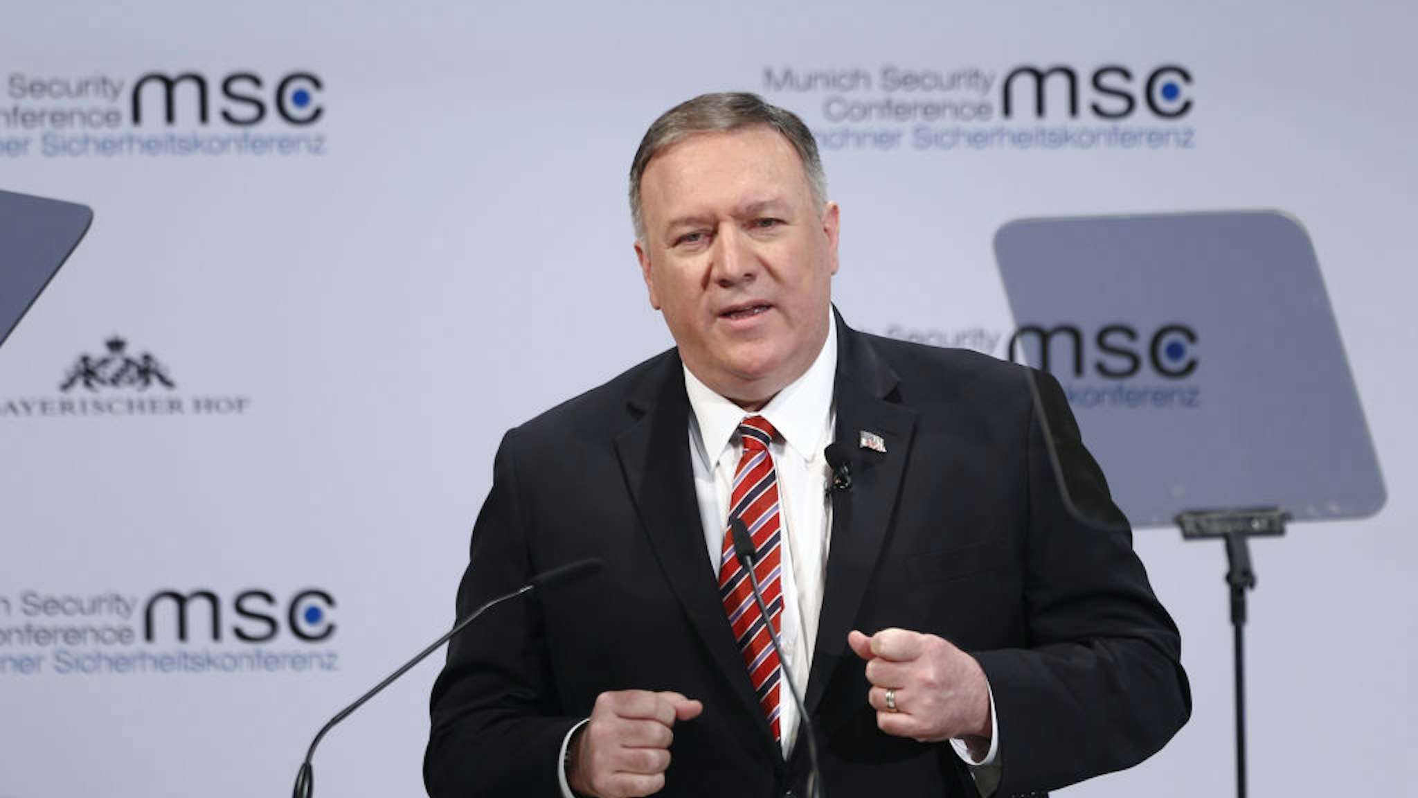 Mike Pompeo, U.S. secretary of state, speaks during the Munich Security Conference at the Bayerischer Hof hotel in Munich, Germany, on Saturday, Feb. 15, 2020.