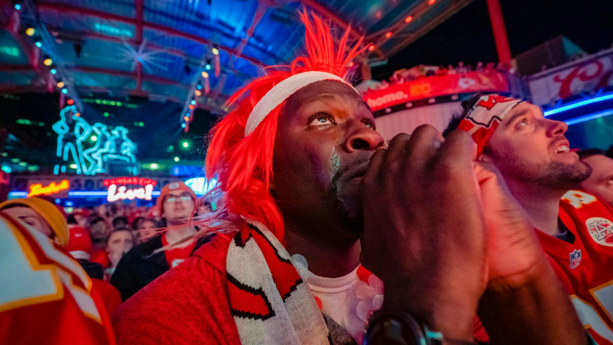 A Chiefs fans cry"u2019s while watching the Chiefs take the lead at the Power and Light District as the Kansas City Chiefs take on the San Francisco 49ers in the Super Bowl on February 2, 2020 in Kansas City, Kansas.