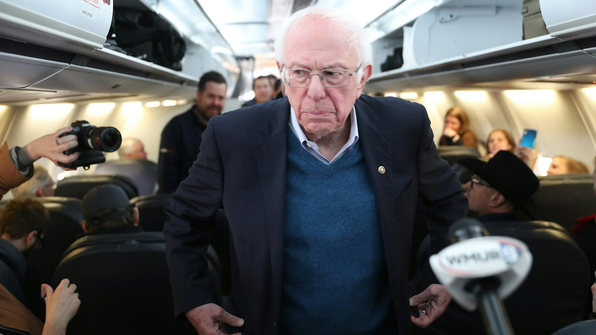 DES MOINES, IA - FEBRUARY 04: Democratic presidential candidate Sen. Bernie Sanders (I-VT) speaks to the media after boarding the plane at the Des Moines International Airport on February 04, 2020 in Des Moines, Iowa. Mr. Sanders was heading to Manchester, New Hampshire to campaign leading up to the primary on February 11 as he awaits the release of the results from the Iowa caucus. (Photo by Joe Raedle/Getty Images)