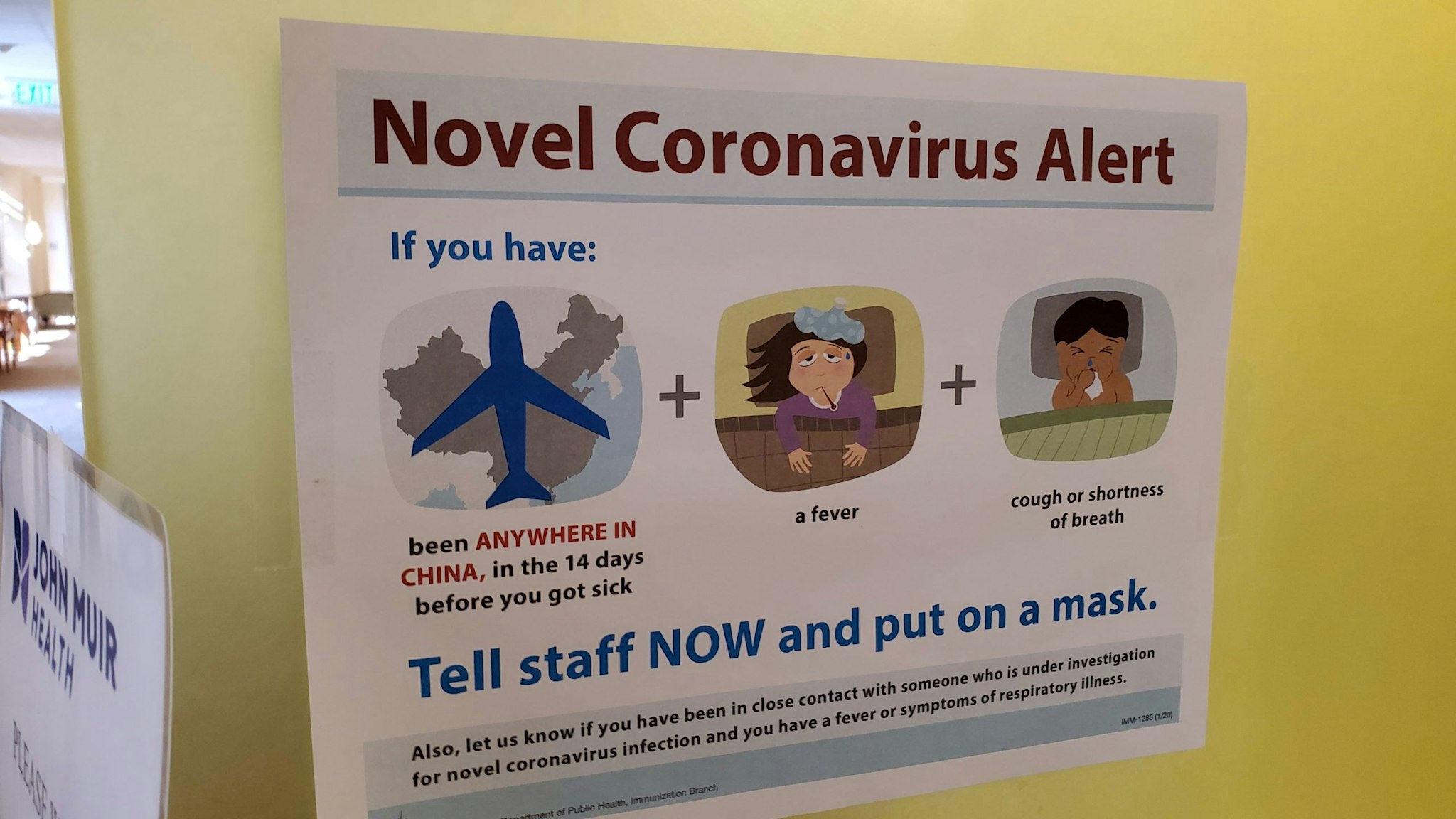 Warning sign with text reading "Novel Coronavirus Alert", referring to quarantine and screening procedures for patients with possible exposure to a novel coronavirus spreading in China, at a John Muir Health medical center in Walnut Creek, California, February 9, 2020. (Photo by Smith Collection/Gado/Getty Images)