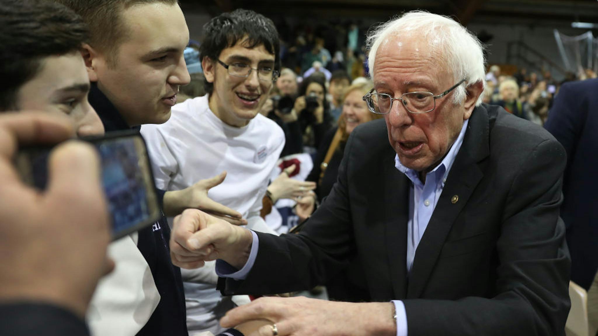 Presidential Candidate Bernie Sanders Campaigns In NH Ahead Of Primary Democratic presidential candidate Sen. Bernie Sanders (I-VT) greets people after speaking during a campaign event the Franklin Pierce University on February 10, 2020 in Rindge, New Hampshire.
