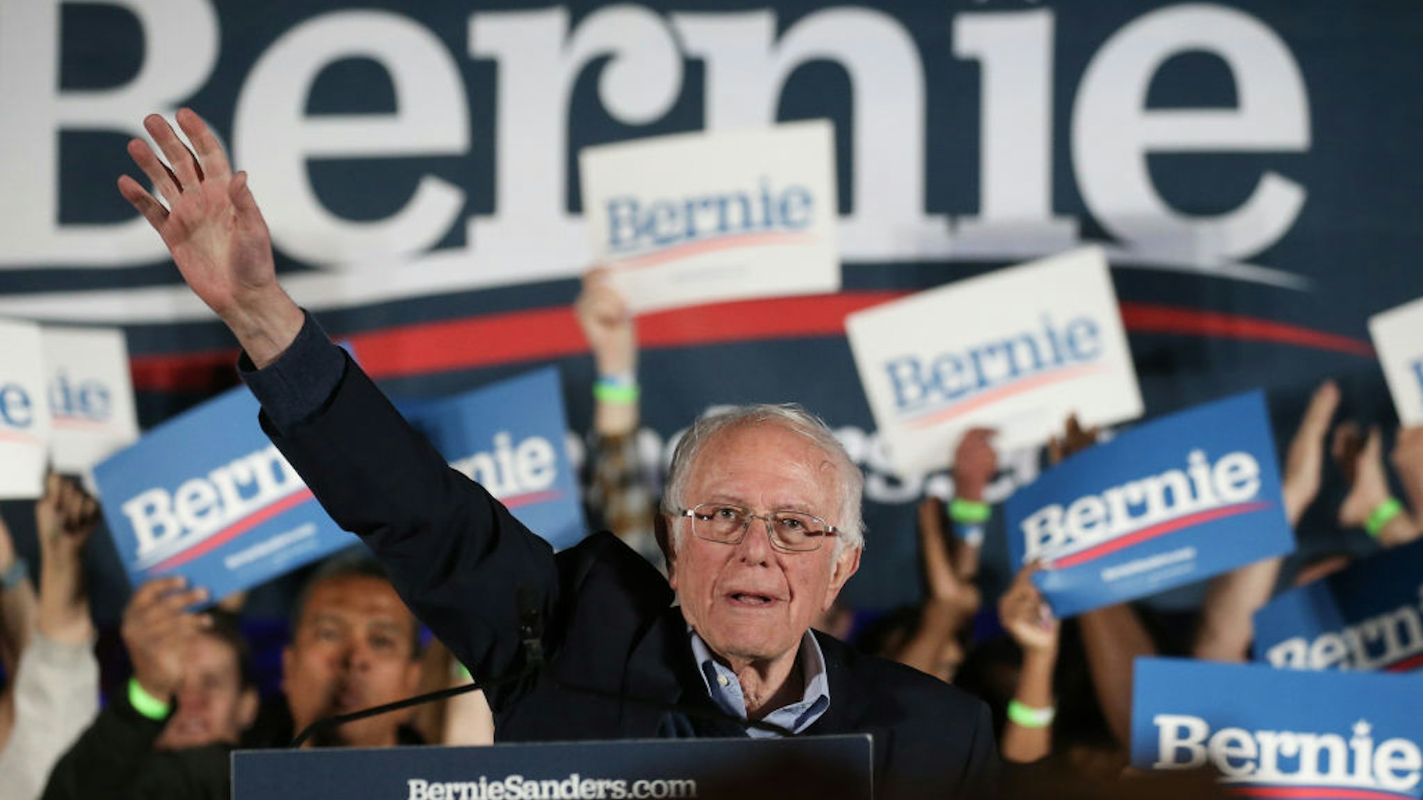 Democratic presidential candidate Sen. Bernie Sanders (I-VT) waves to supporters at a campaign rally for Sanders on February 21, 2020 in Las Vegas, Nevada.