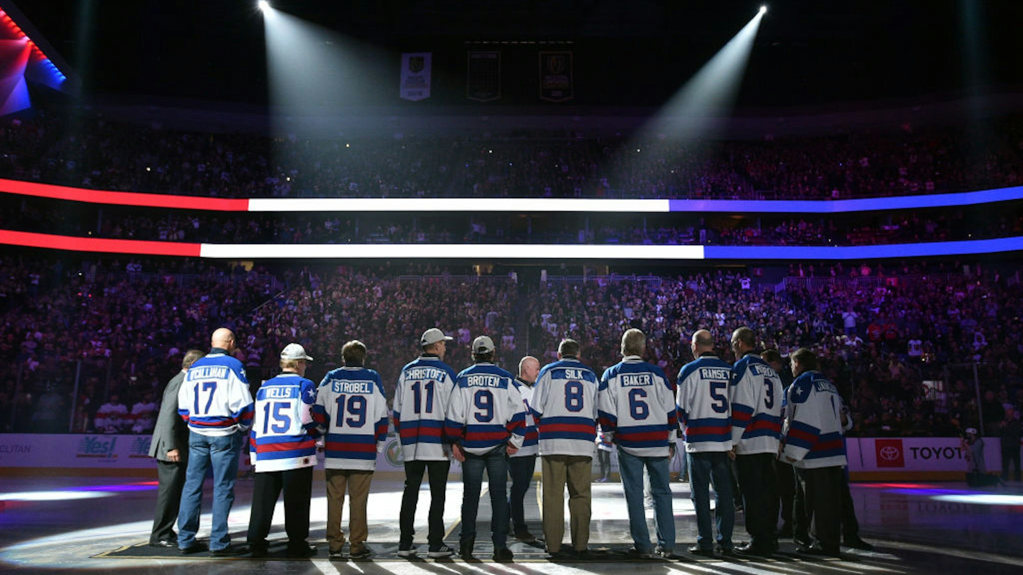 Members of the 1980 Team USA 'Miracle on Ice' team are honored prior to a game between the Vegas Golden Knights and the Florida Panthers at T-Mobile Arena on February 22, 2020 in Las Vegas, Nevada.