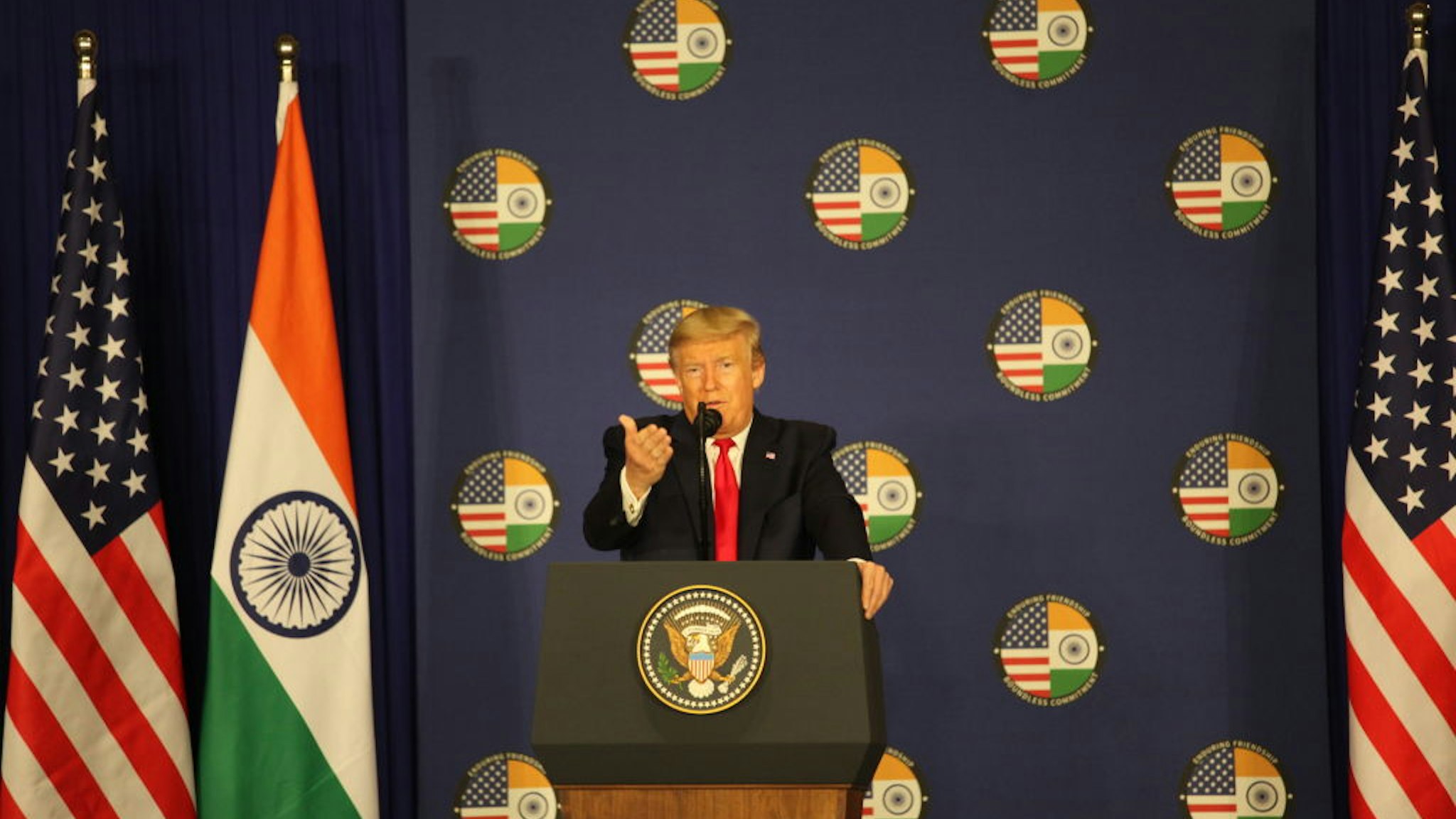 US President Donald Trump holds a press conference at the India and America summit meeting at Hyderabad House on February 25, 2020 in New Delhi, India.