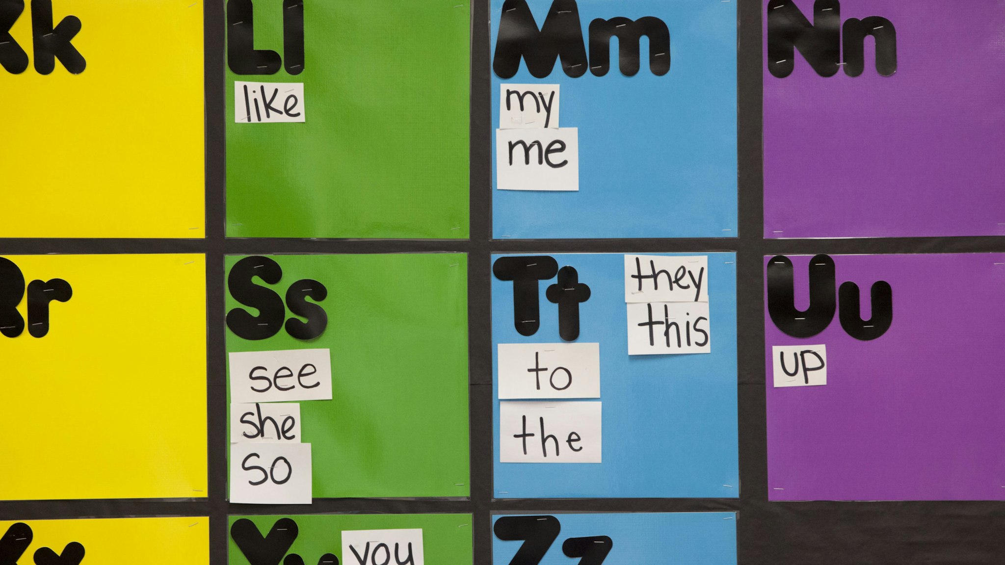 NEW ORLEANS, LA - JANUARY 16: The alphabet covers a bulletin board in a kindergarten class at Sylvanie Williams College Prep elementary school, on January 16, 2015 in New Orleans, Louisiana. New principal Krystal Hardy spends most of her time out of her office mentoring teachers and staff and spending time with the children. She is the face of the new type of principal. Fifty percent of the children here started the year below grade level in reading and math. The goal is to help them catch up and keep making progress. (Photo by Melanie Stetson Freeman/The Christian Science Monitor via Getty Images)