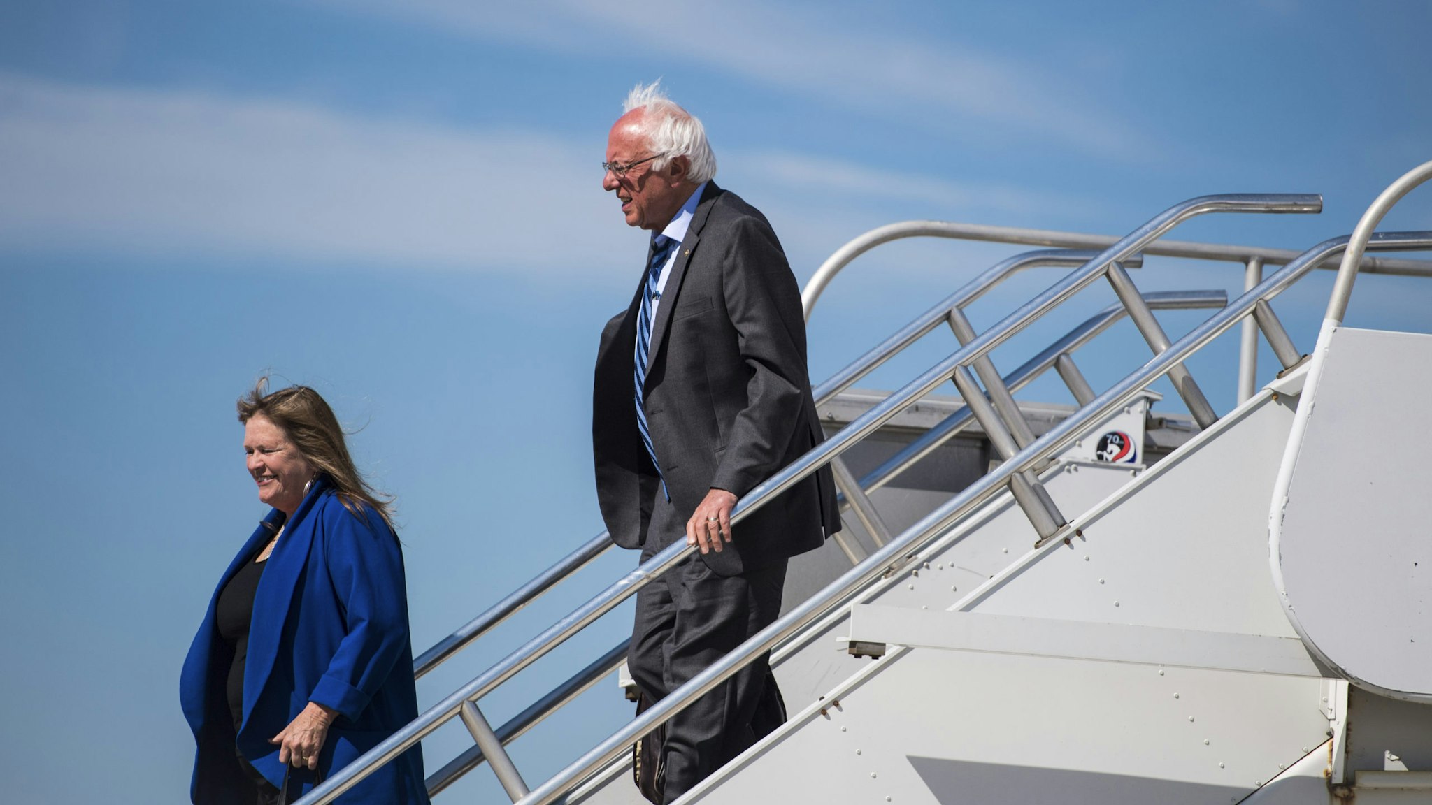 DULLES, VA - JUNE 9: Democratic presidential candidate Sen. Bernie Sanders, I-Vt., and and his wife Jane Sanders disembark a plane as he heads to meet with President Barack Obama at the White House in Dulles, VA on Thursday June 09, 2016. (Photo by Jabin Botsford/The Washington Post via Getty Images)