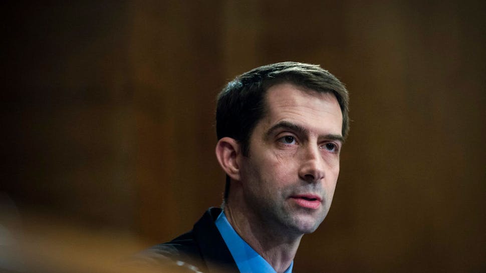 Tom Cotton Senator Tom Cotton (R-AR) looks on as Treasury Secretary Steven Mnuchin delivers the annual financial stability report to the Senate Banking, Housing and Urban Affairs Committee on January 30, 2018 in Washington, DC.