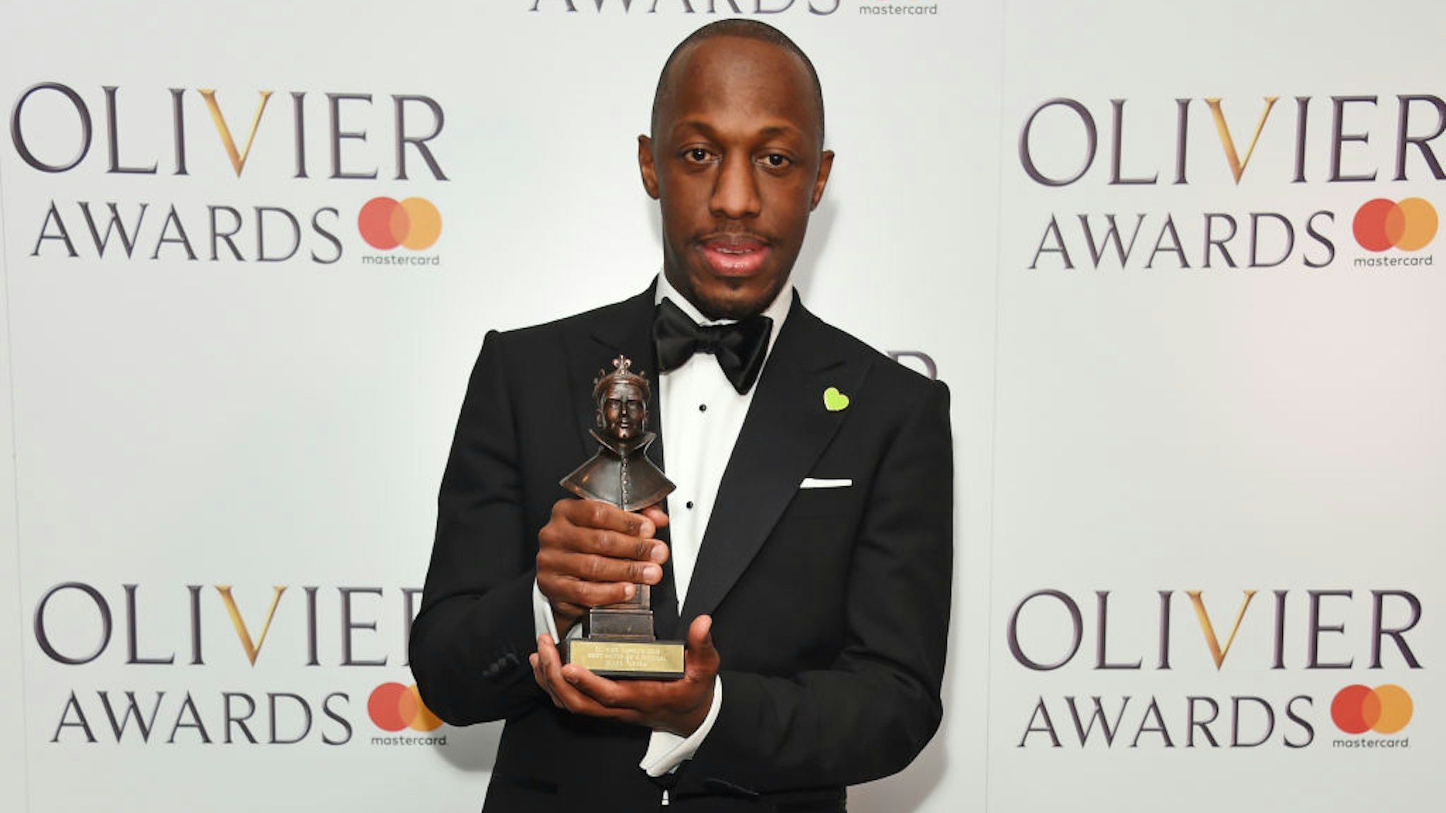 Giles Terera, winner of the Best Actor in a Musical award for "Hamilton", poses in the press room during The Olivier Awards with Mastercard at Royal Albert Hall on April 8, 2018 in London, England.