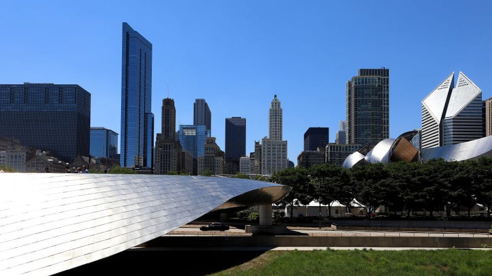 Chicago Cityscapes and City Views View looking West into Downtown Chicago, as photographed from architect Frank Gehry's BP Bridge in Millennium Park in Chicago, Illinois on June 23, 2018.