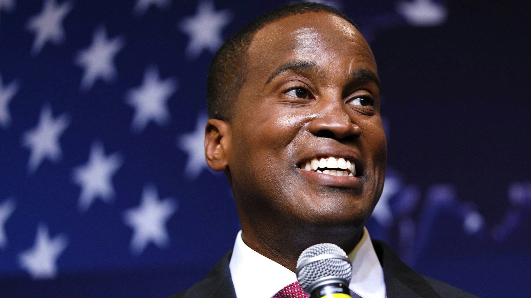 DETROIT, MI - AUGUST 7: John James, Michigan GOP Senate candidate, speaks at an election night event after winning his primary election at his business, James Group International August 7, 2018 in Detroit, Michigan. James, who has President Donald Trump's endorsement, will face Democrat incumbent Senator Debbie Stabenow (D-MI) in November.
