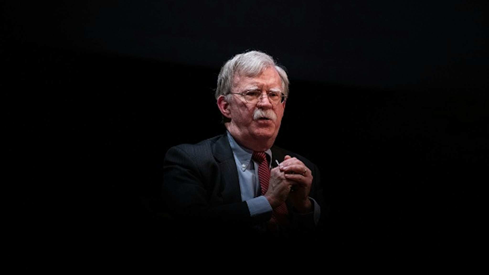 Former National Security adviser John Bolton speaks on stage during a public discussion at Duke University in Durham, North Carolina on February 17, 2020. - Bolton was invited to the school to discuss national security weeks after he was thought of as a key witness in the impeachment trial of President Donald Trump.