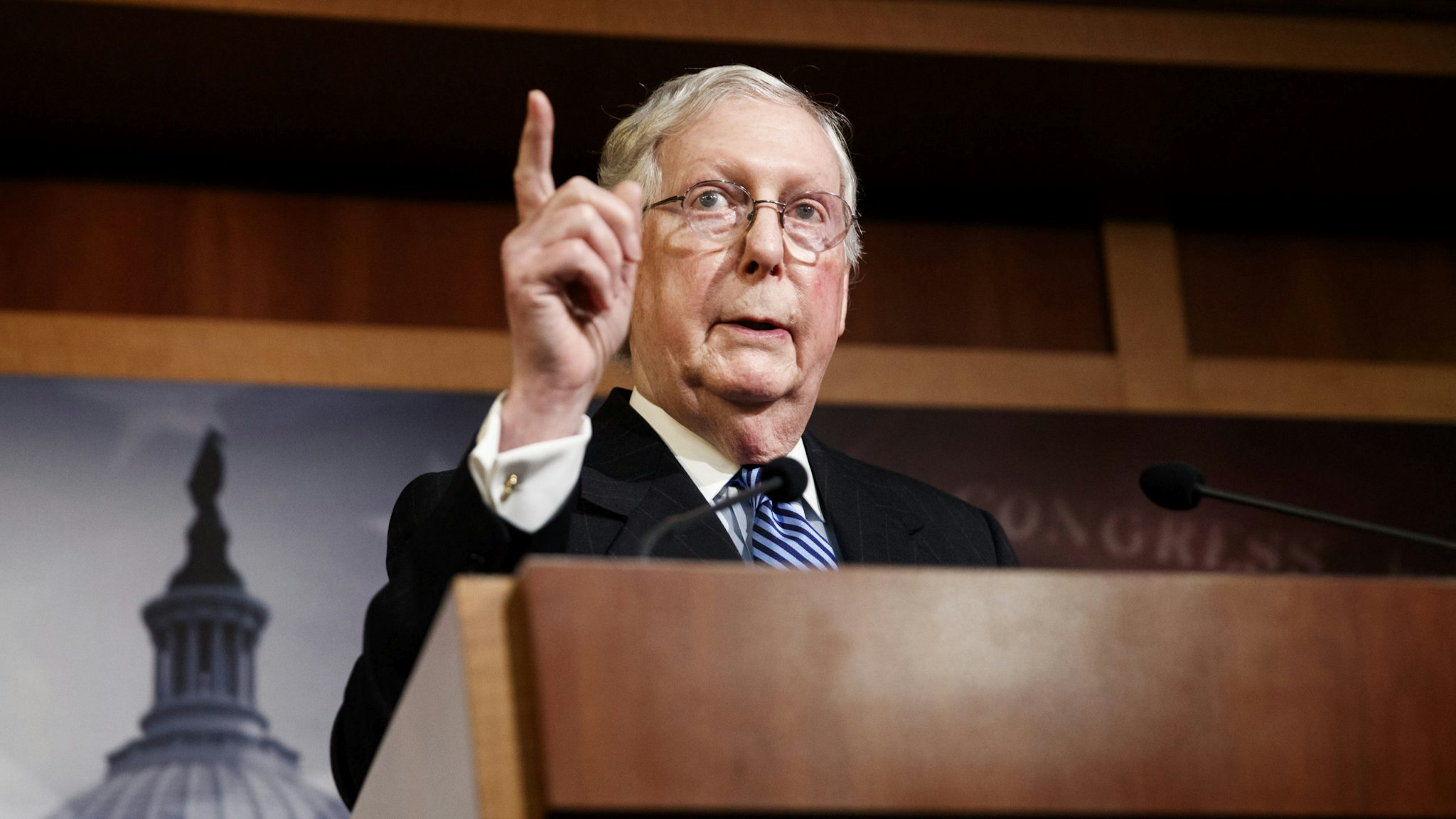 WASHINGTON D.C., Feb. 5, 2020 -- U.S. Senate Majority Leader Mitch McConnell speaks during a press conference following a vote in the U.S. Senate to acquit President Donald Trump on impeachment on Capitol Hill in Washington D.C., the United States, Feb. 5, 2020. U.S. President Donald Trump was acquitted on Wednesday afternoon by the Senate after the chamber voted down both articles of impeachment against him that the House approved late last year.