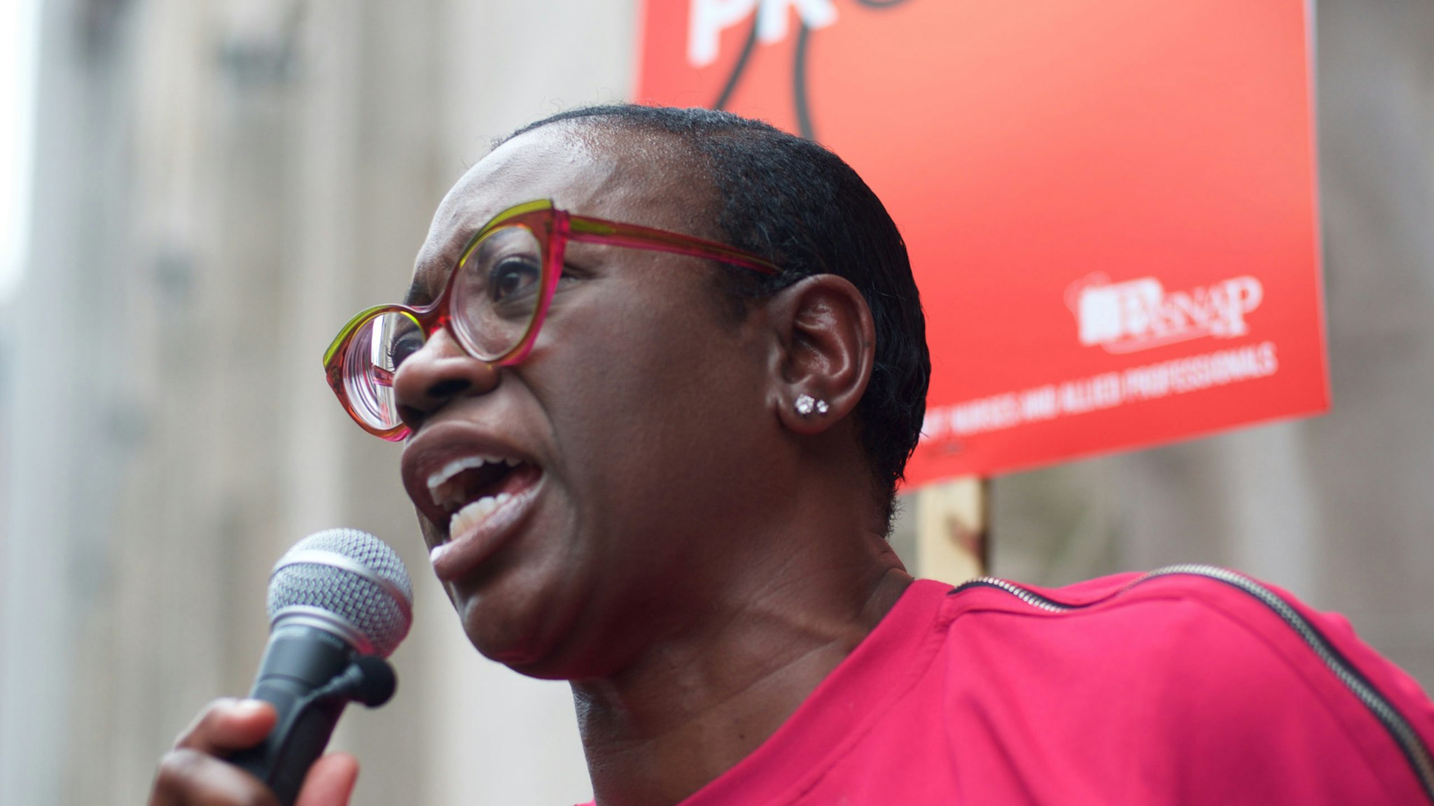 Bernie2020 campaign co-chair Sen. Nina Turner speaks during a rally with, hospital workers, union members and local politicians outside Hahnemann University Hospital at a rally outside the Center City facilities in Philadelphia, PA on July 11, 2019. The struggling Center City located hospital announced it will seize operations and is facing out critical services like Emergency access and the maternity ward unless support is found to end the financial turmoil