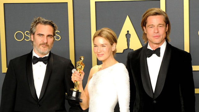 Joaquin Phoenix, Renée Zellweger and Brad Pitt pose inside The Press Room of the 92nd Annual Academy Awards held at Hollywood and Highland on February 9, 2020 in Hollywood, California. (Photo by Albert L. Ortega/Getty Images)