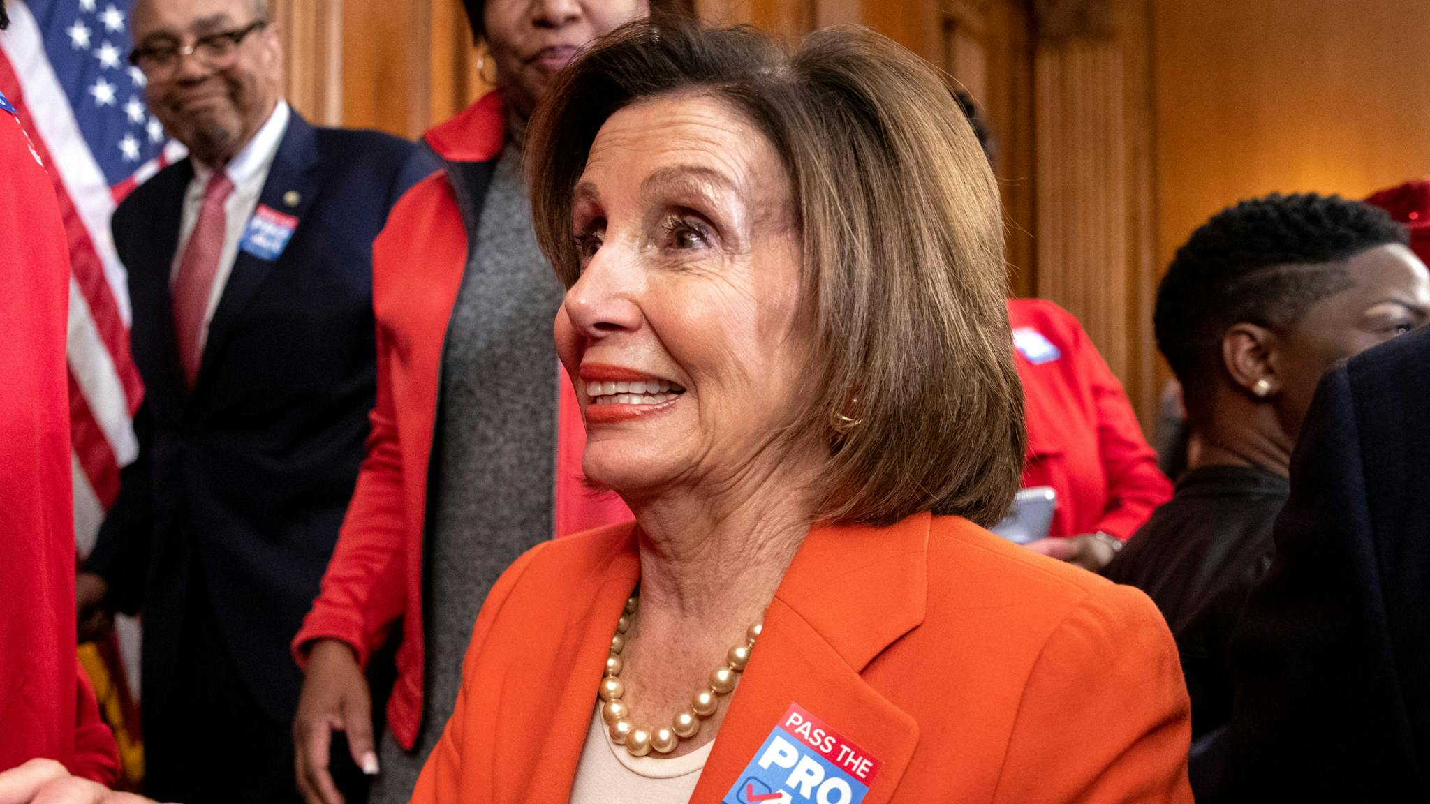 House Democrats Hold Press Conference Regarding The PRO Act House majority leader Representative Nancy Pelosi, a Democrat from California, shakes hands with labor advocates after a press conference regarding H.R. 2474, the Protecting the Right to Organize (PRO) Act, at the U.S. Capitol in Washington, D.C., U.S., on Wednesday, Feb. 5, 2020. The PRO Act is intended to strengthen laws that protect workers' rights to unionize.