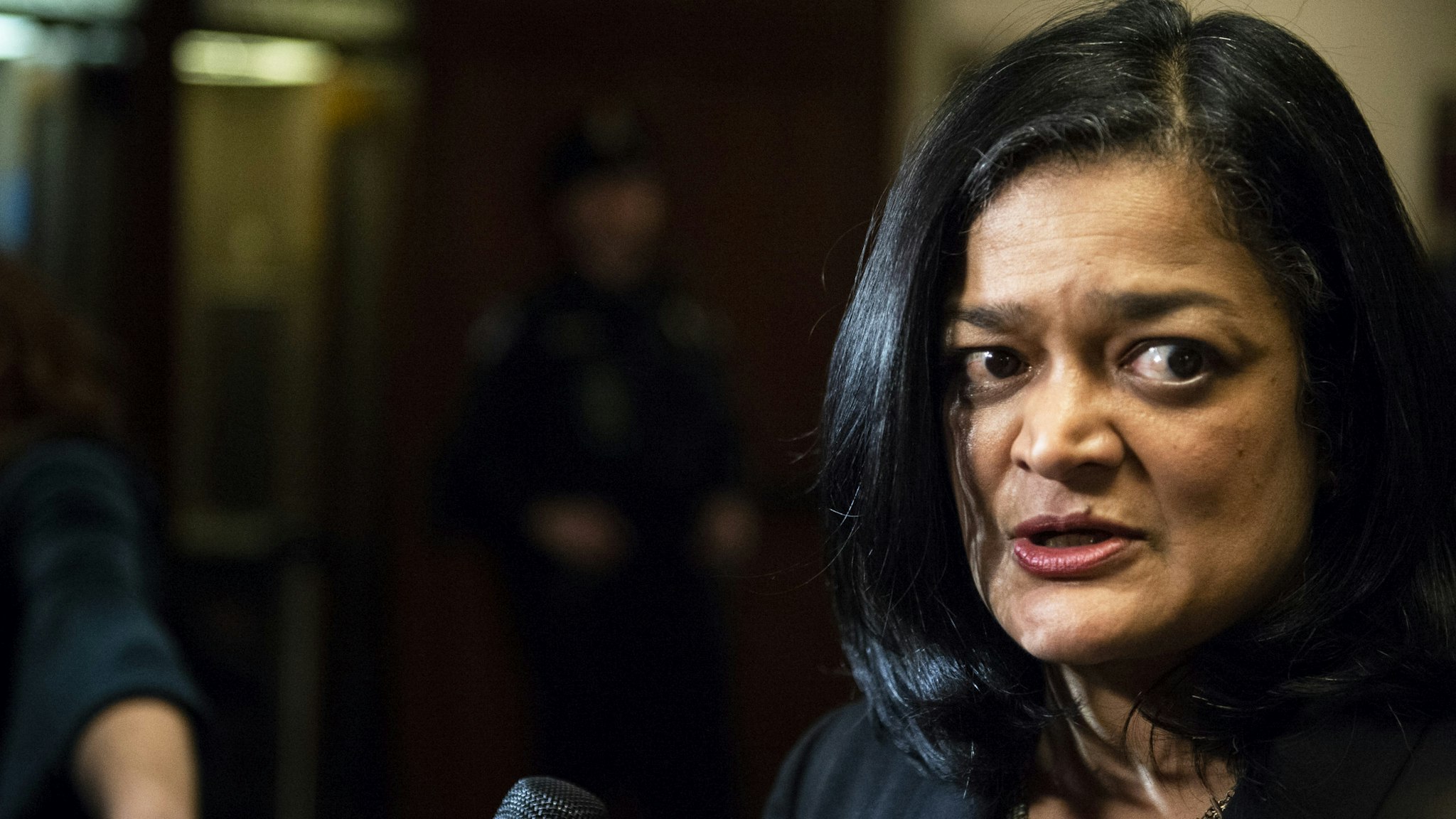 UNITED STATES - DECEMBER 13: Rep. Pramila Jayapal, D-Wash., speaks with the media after the House Judiciary Committee passed two articles of impeachment against President Donald J. Trump on Friday Dec. 13, 2019.