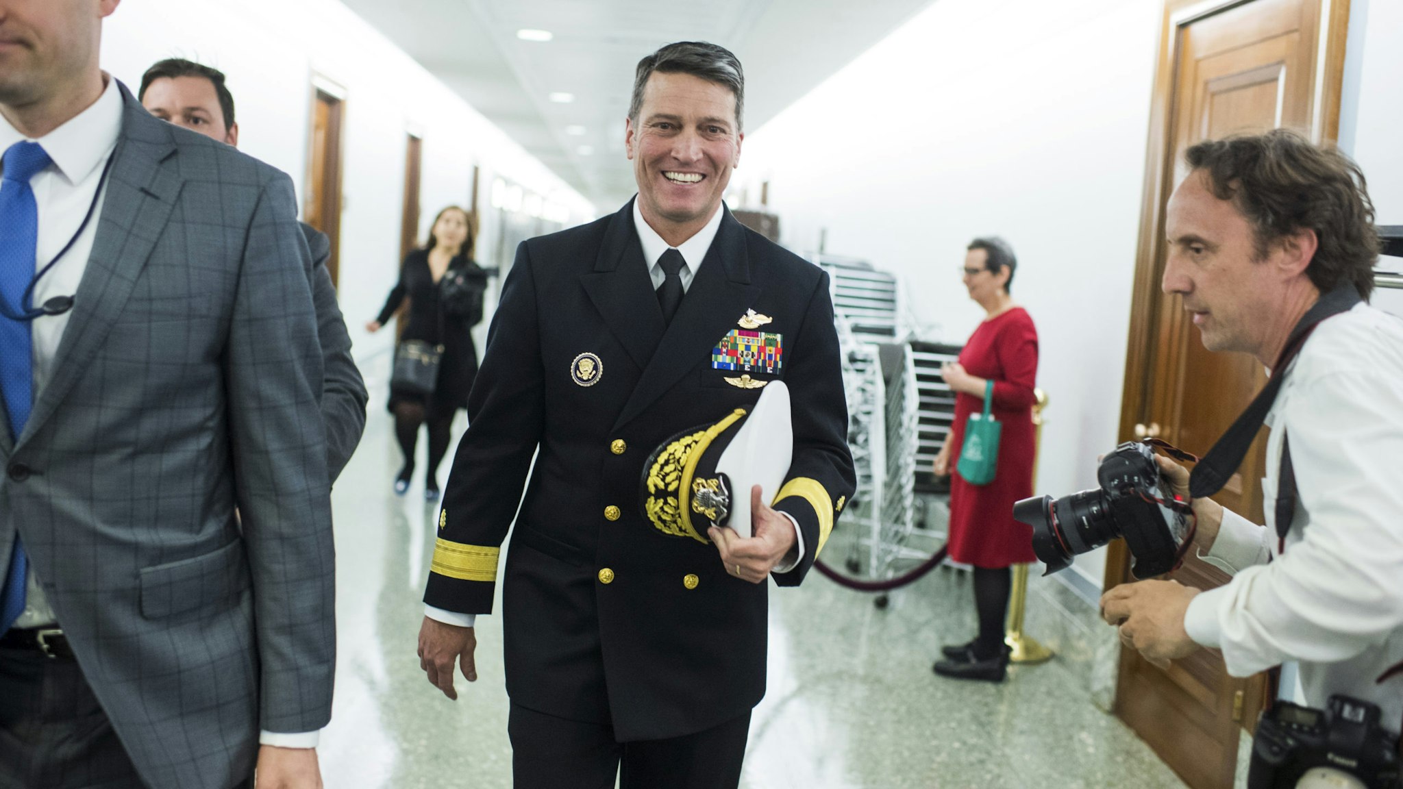UNITED STATES - APRIL 24: Rear Adm. Ronny Jackson, nominee for Veterans Affairs secretary, leaves Dirksen Building after a meeting on Capitol Hill with Sen. Jerry Moran, R-Kan., on April 24, 2018.