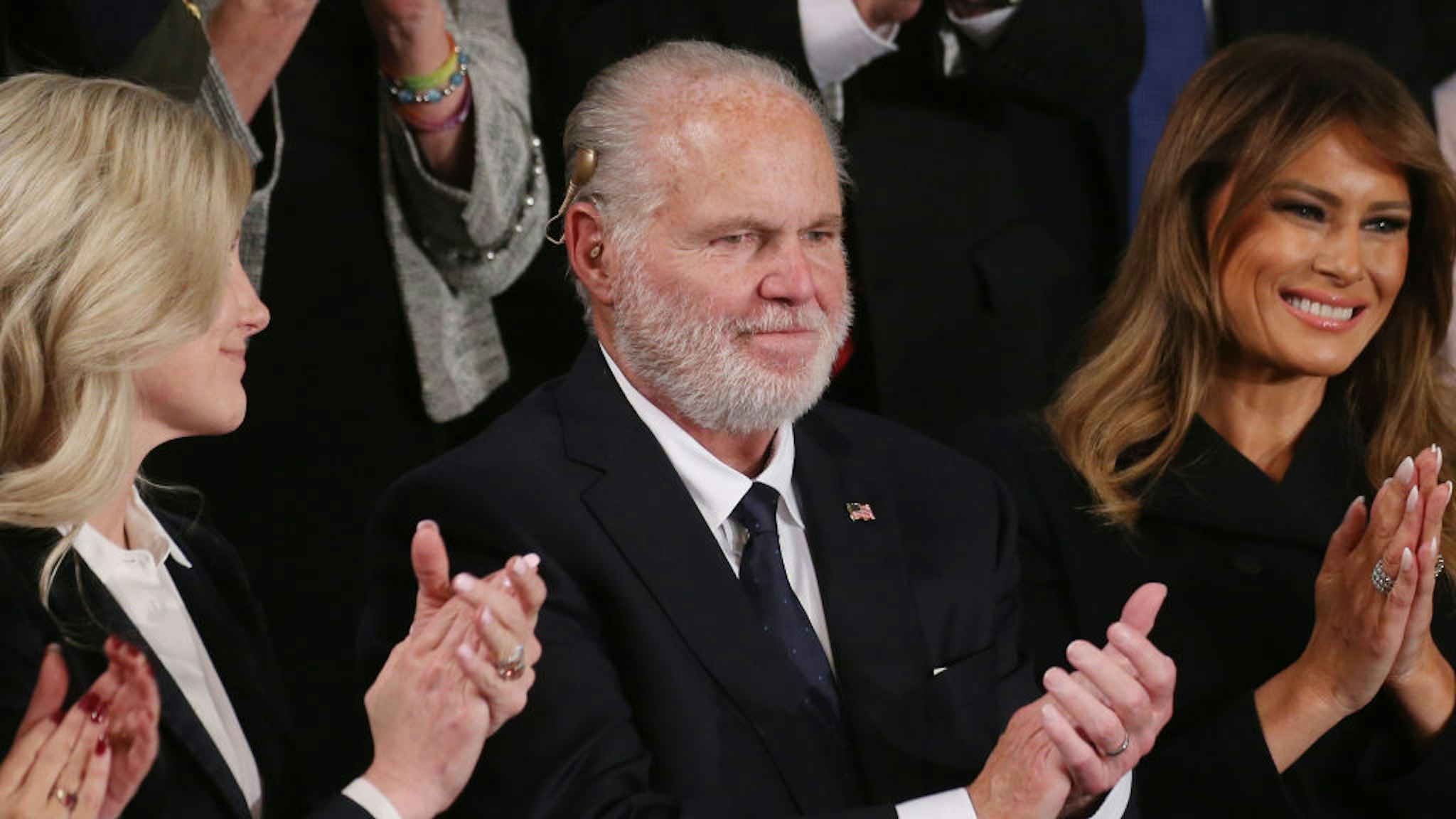 Radio personality Rush Limbaugh and wife Kathryn (L) attend the State of the Union address with First Lady Melania Trump in the chamber of the U.S. House of Representatives on February 04, 2020 in Washington, DC. President Trump delivers his third State of the Union to the nation the night before the U.S. Senate is set to vote in his impeachment trial. (Photo by Mario Tama/Getty Images)