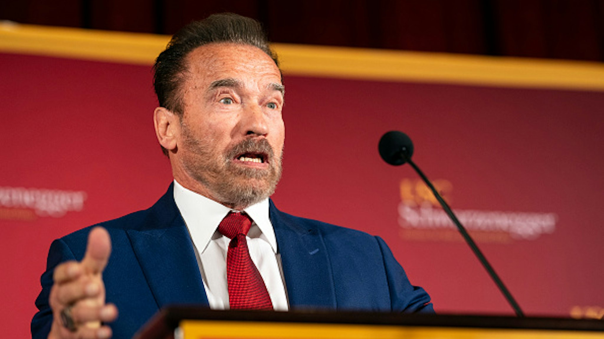 LOS ANGELES, UNITED STATES - FEBRUARY 13, 2020: Former Gov. Arnold Schwarzenegger speaks during a Homelessness Symposium at USC in Los Angeles. The event was held at the USC Schwarzenegger Institute and examined solutions to homelessness in California.-