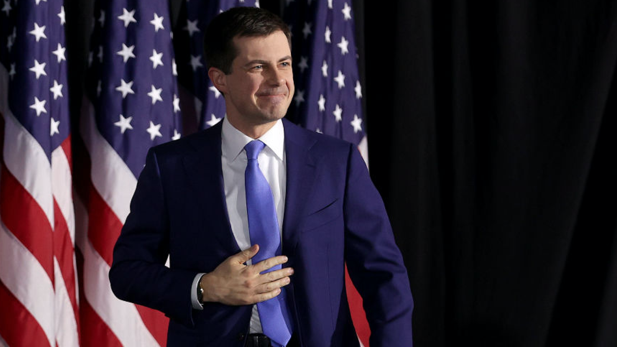 Democratic presidential candidate former South Bend, Indiana Mayor Pete Buttigieg arrives at a watch party at Drake University on February 03, 2020 in Des Moines, Iowa.