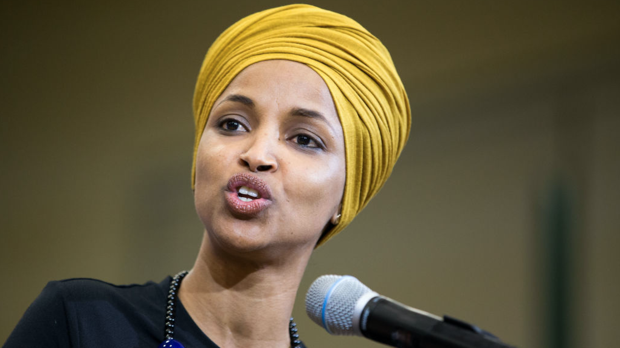 Representative Ilhan Omar (D-MN) speaks at a campaign rally for Senator (I-VT) and presidential candidate Bernie Sanders at Nashua Community College on December 13, 2019 in Nashua, New Hampshire.