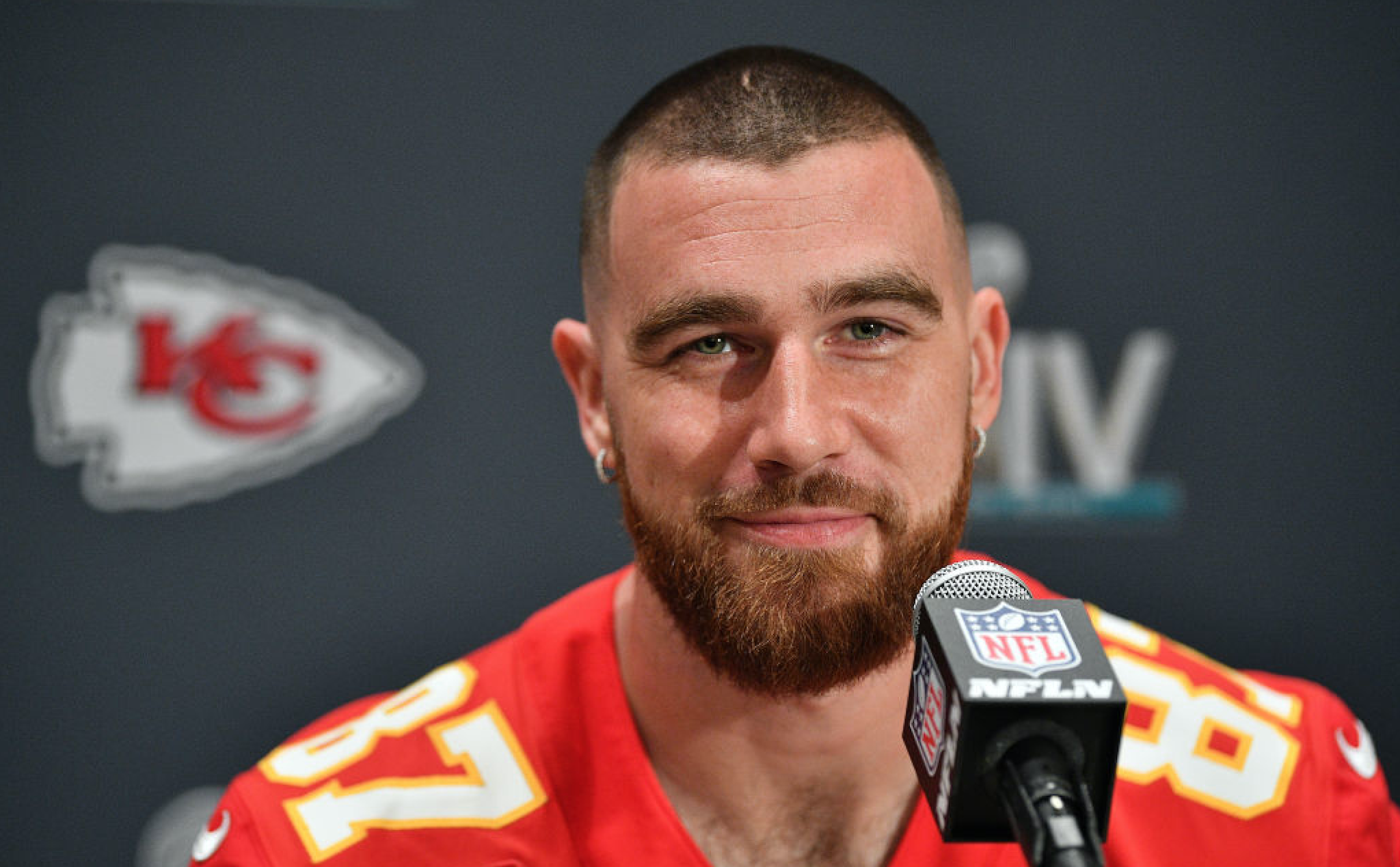 Travis Kelce #87 of the Kansas City Chiefs speaks to the media during the Kansas City Chiefs media availability prior to Super Bowl LIV at the JW Marriott Turnberry on January 30, 2020 in Aventura, Florida.