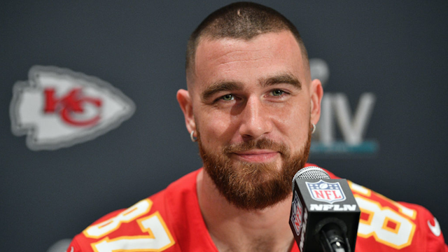 Travis Kelce #87 of the Kansas City Chiefs speaks to the media during the Kansas City Chiefs media availability prior to Super Bowl LIV at the JW Marriott Turnberry on January 30, 2020 in Aventura, Florida.