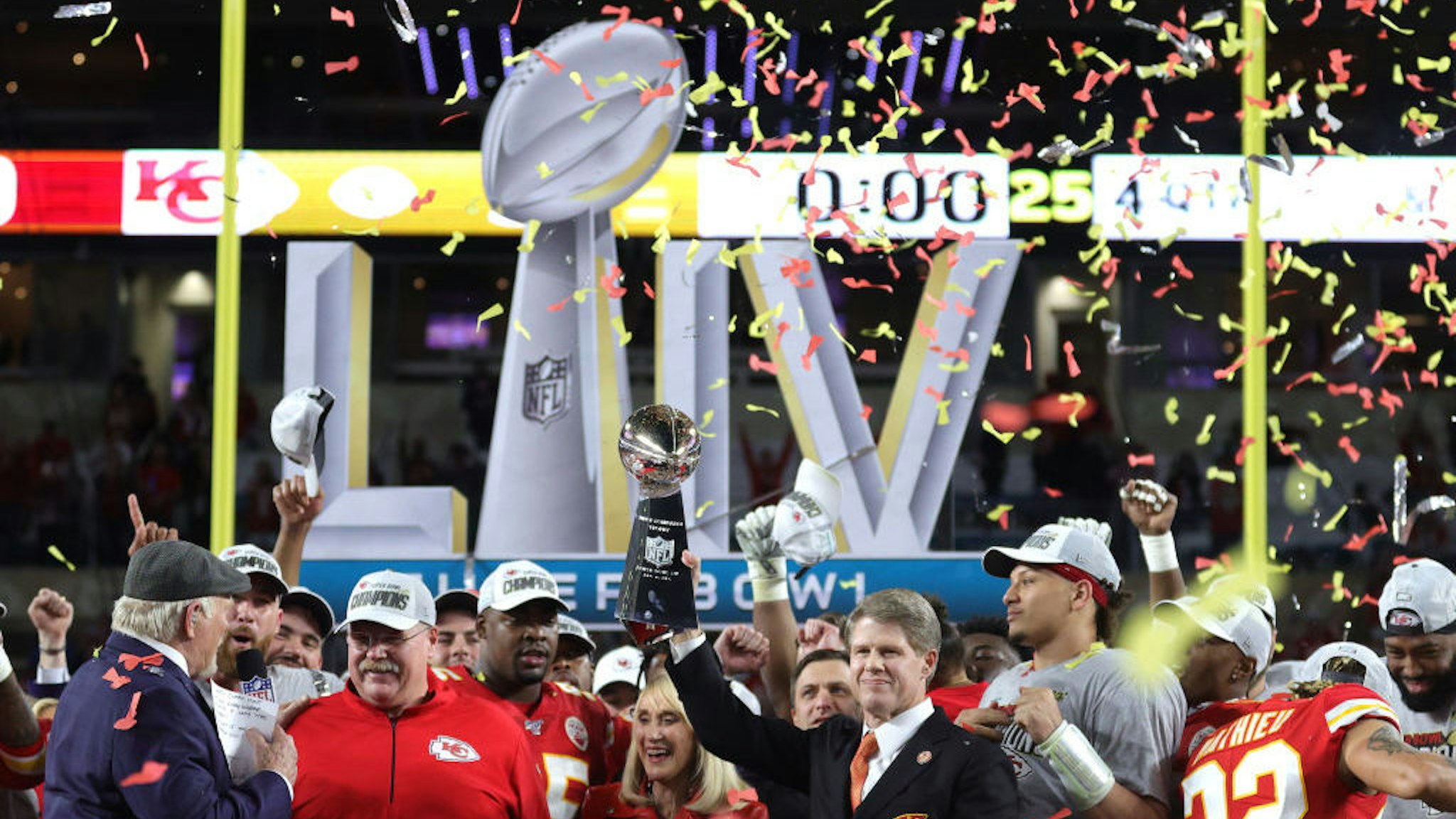 Members of the Kansas City Chiefs celebrate after defeating the San Francisco 49ers 31-20 in Super Bowl LIV at Hard Rock Stadium on February 02, 2020 in Miami, Florida. (Photo by Jamie Squire/Getty Images)